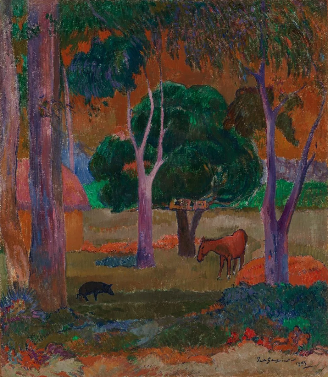 Maisema, sika ja hevonen (Hiva Oa), by Paul Gauguin, unspecified, 1908
