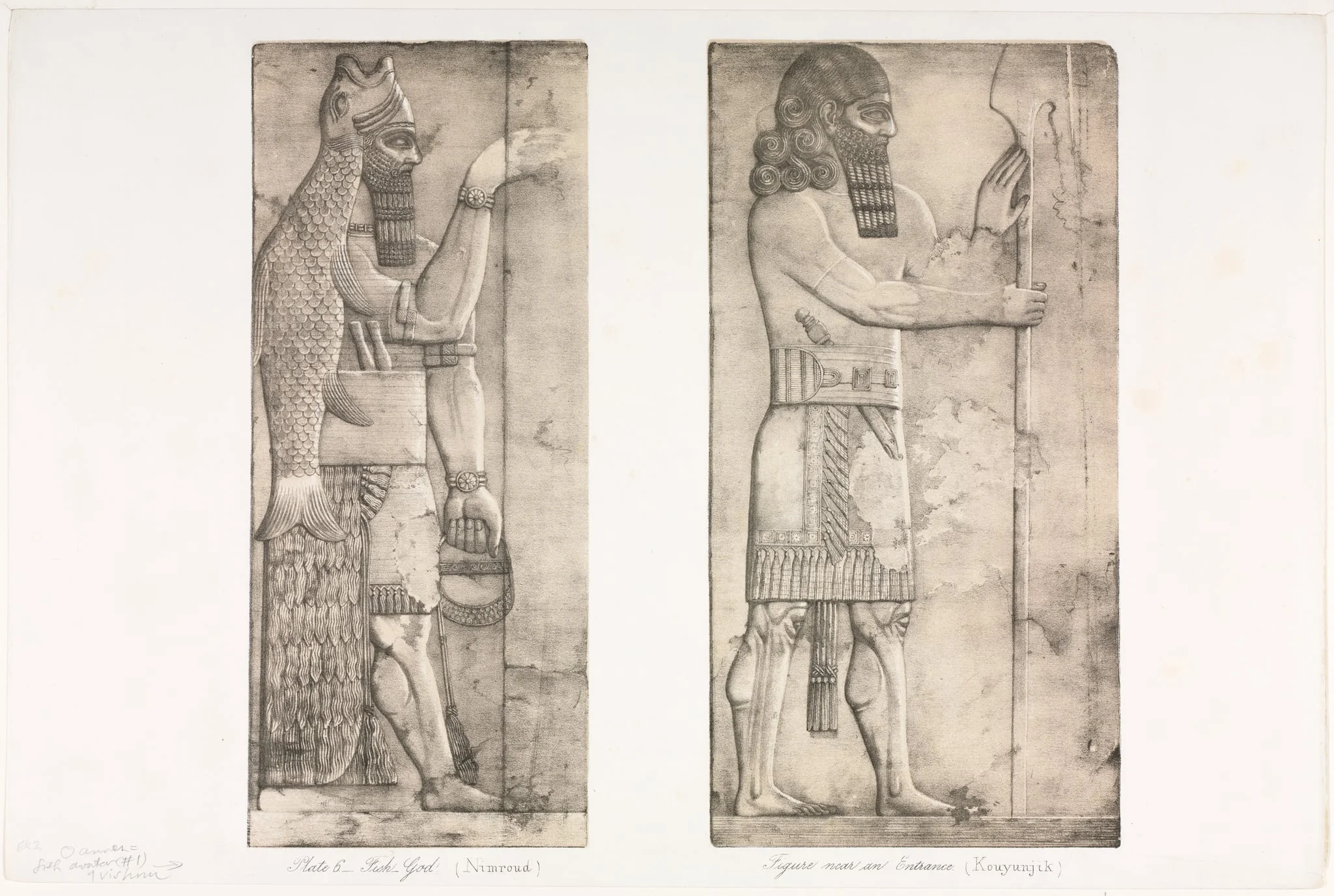 Monuments of Ninevah: Plate 6, Fish-god (Nimroud); Figure near an Entrance (Kouyunjik)
