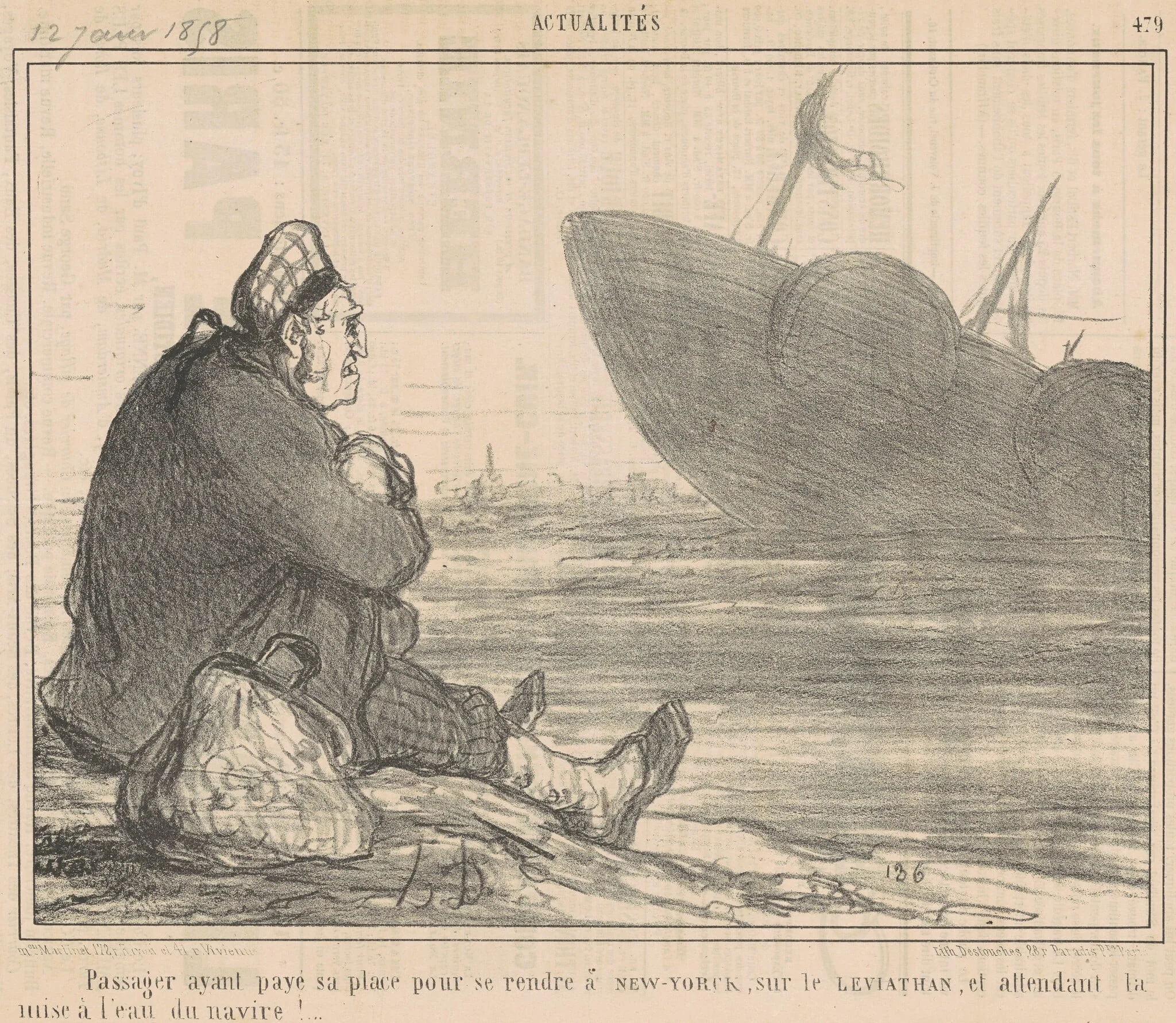Passager ayant payé ... pour se rendre a New-York ..., by Honoré Daumier, ink, 1858