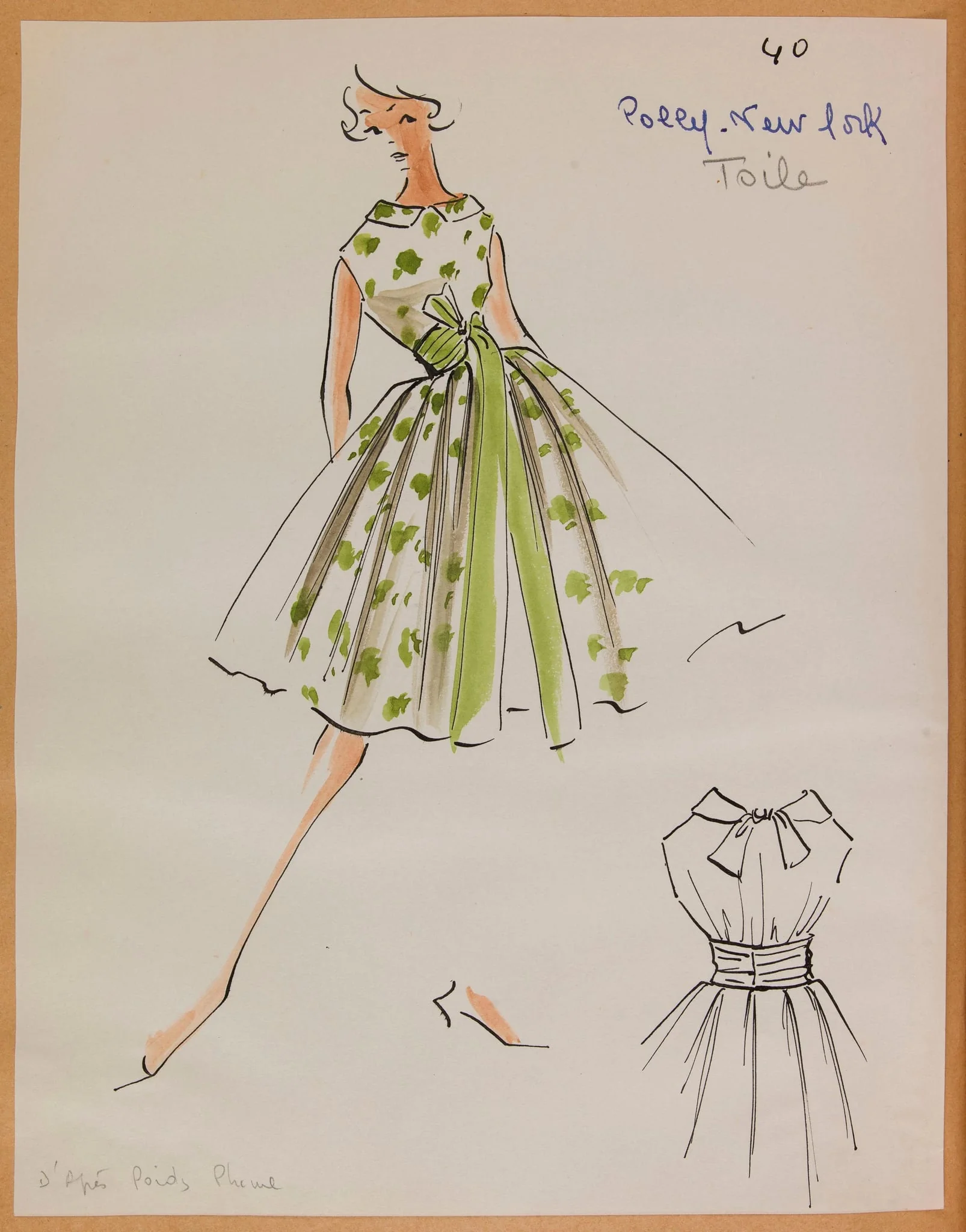 Robe sans manches blanche à motif pistache et grande ceinture pistache, by Marie-Louise Carven, 1957