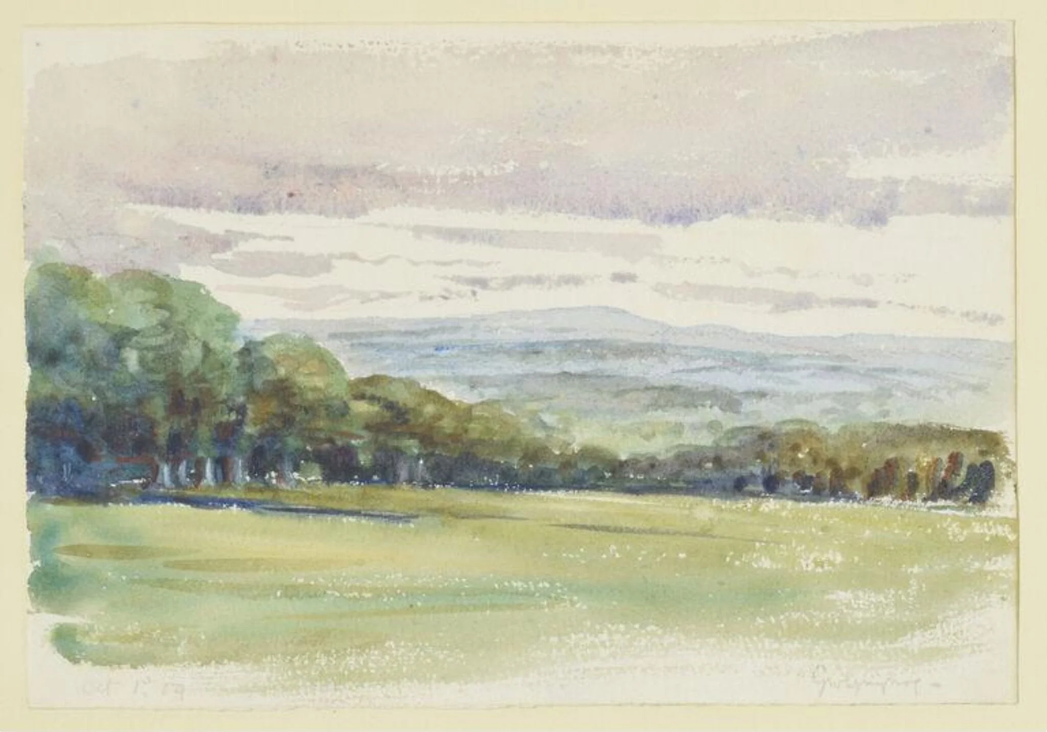 Sketch of a wooded landscape viewed from Gwaynynog, Denbigh, by Beatrix Potter, watercolor, 1