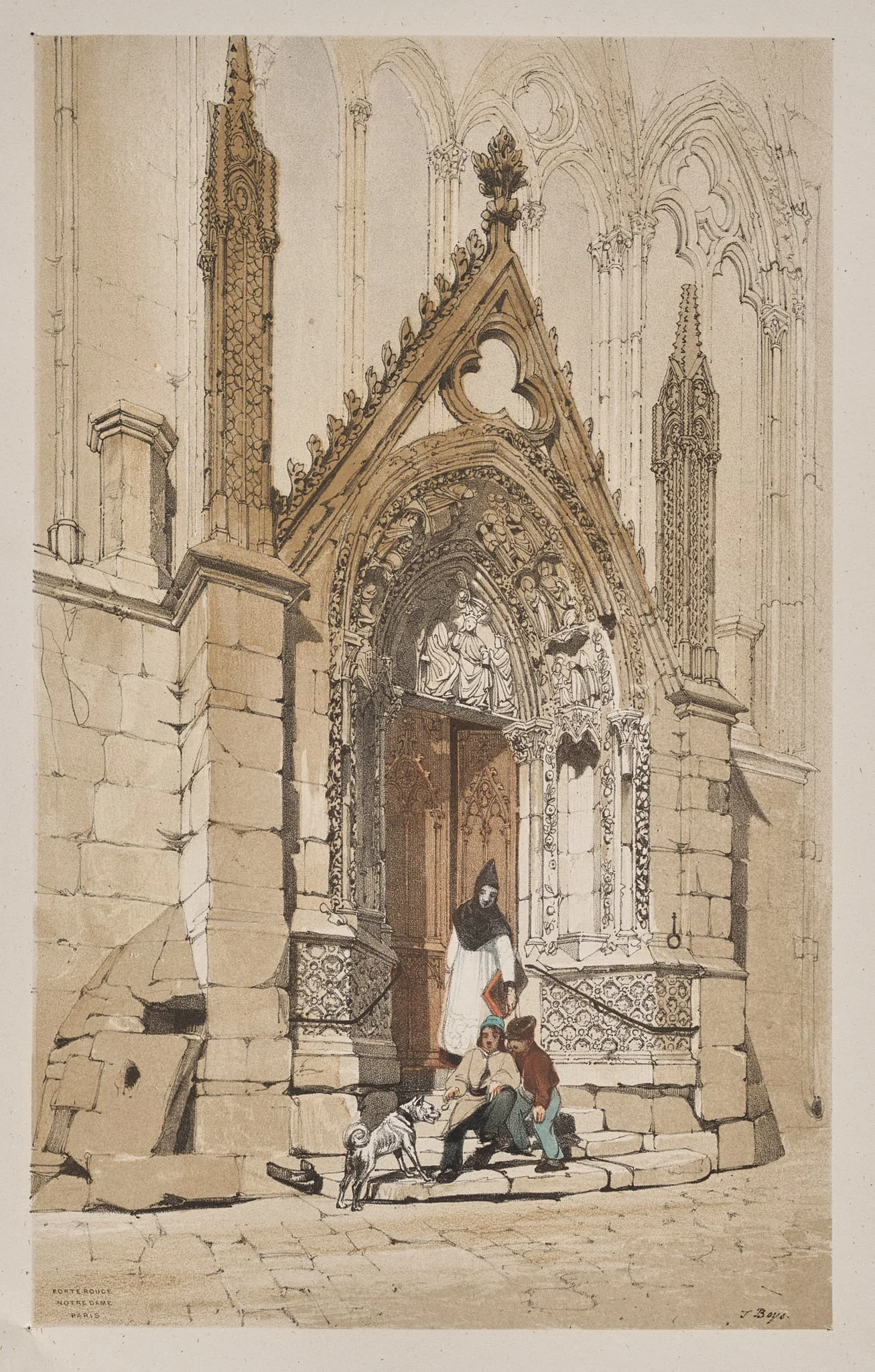 Picturesque Architecture in Paris, Ghent, Antwerp, Rouen:  Porte Rouge, Nôtre Dame, Paris, by Thomas Shotter Boys, 1839
