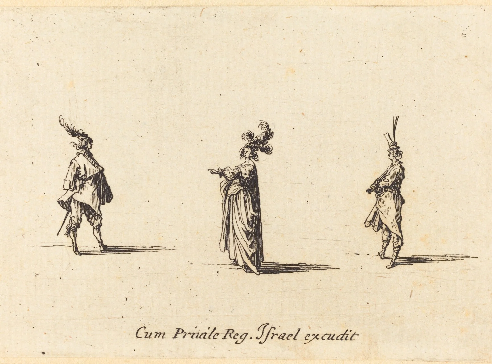 Lady with Plumed Hat, and Two Gentlemen, by Jacques Callot, ink, 1634