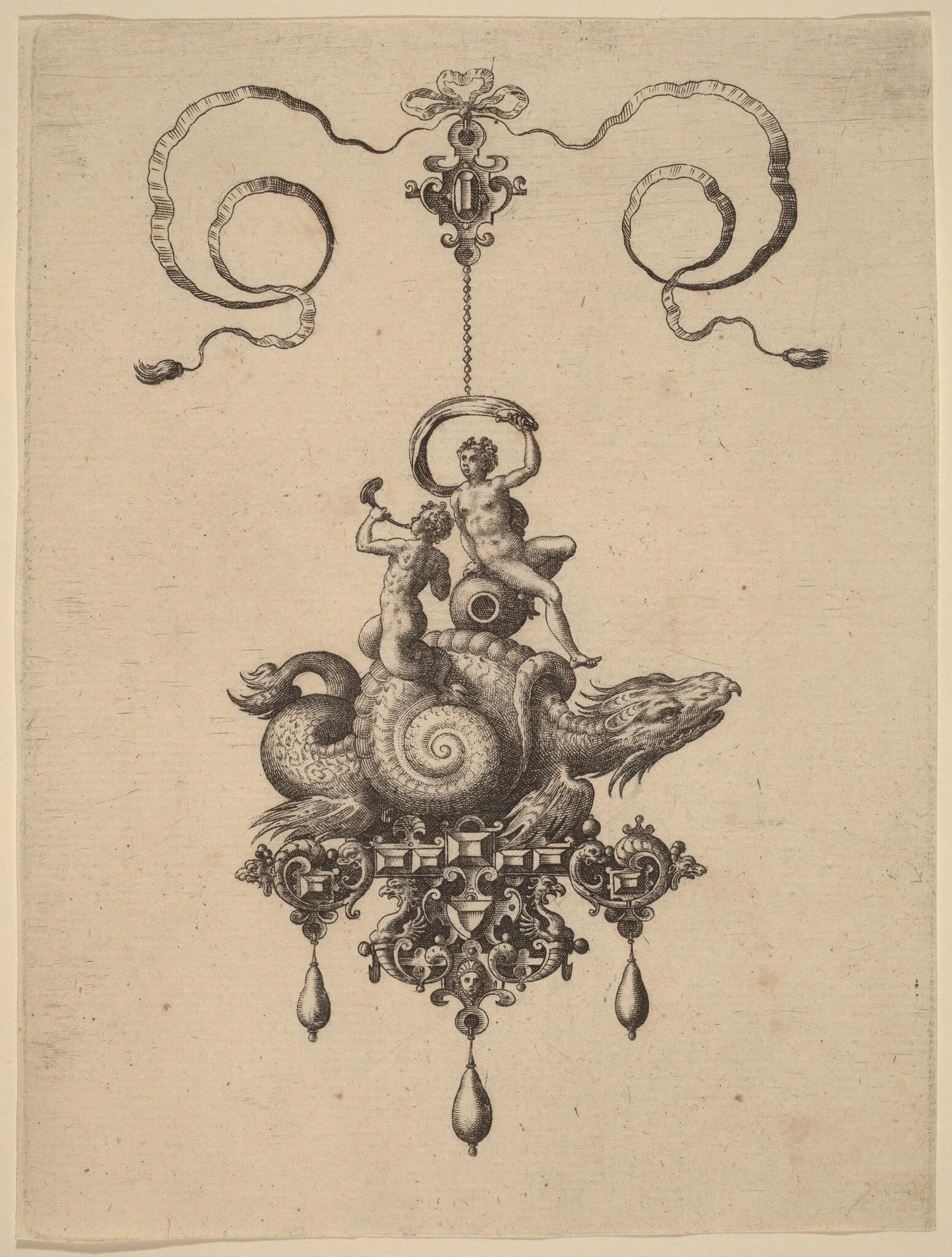 Design for a Pendant with a Sea-Monster in a Shell Carrying a Triton and a Woman with a Sail, by Adriaen Collaert, ink, 1582