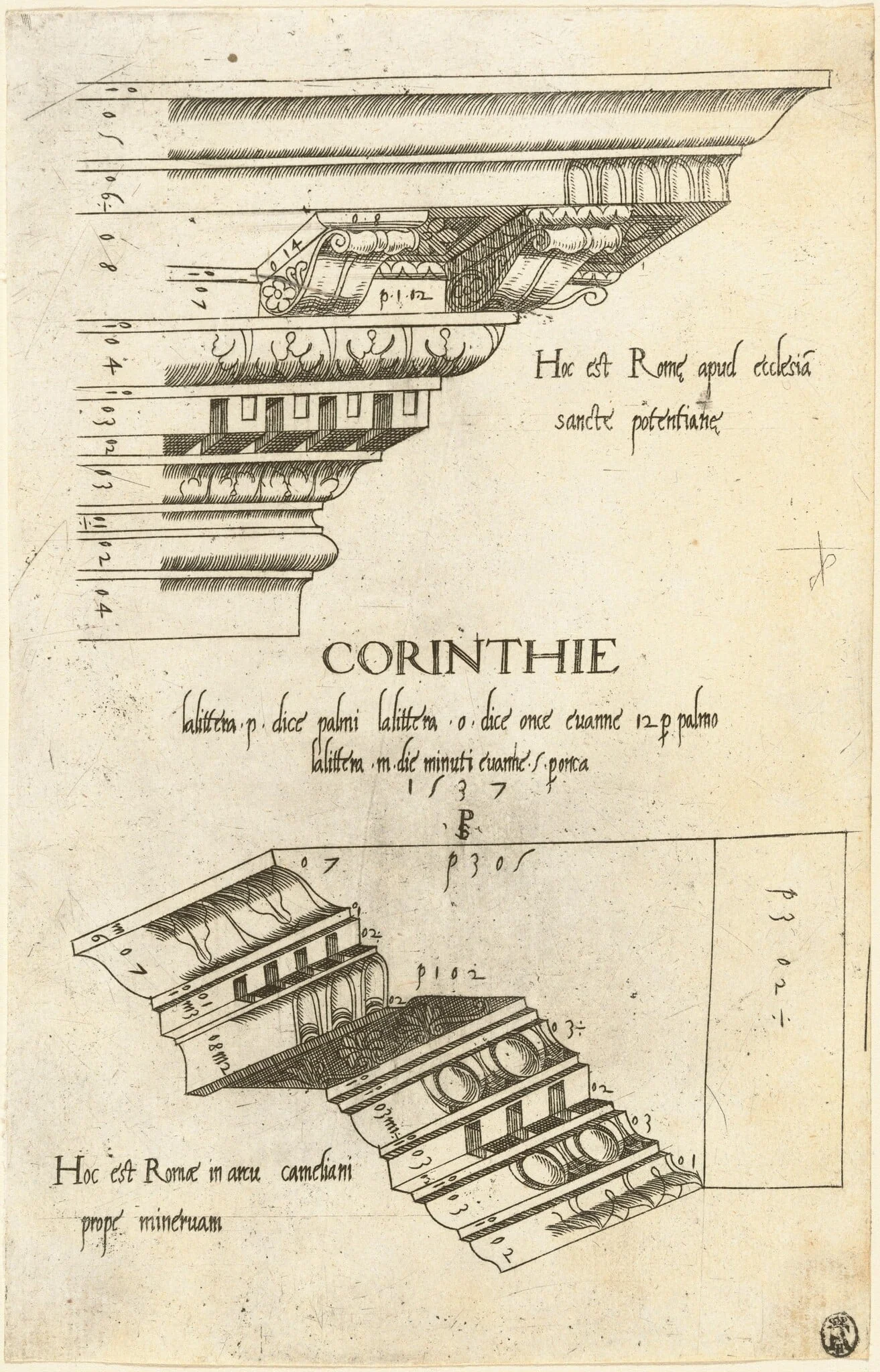 Entablatures from Santa Pudenziana and the Arch of Camigliano, Rome, by Pseudo-Pier Francesco Fiorentino, ink, 1537