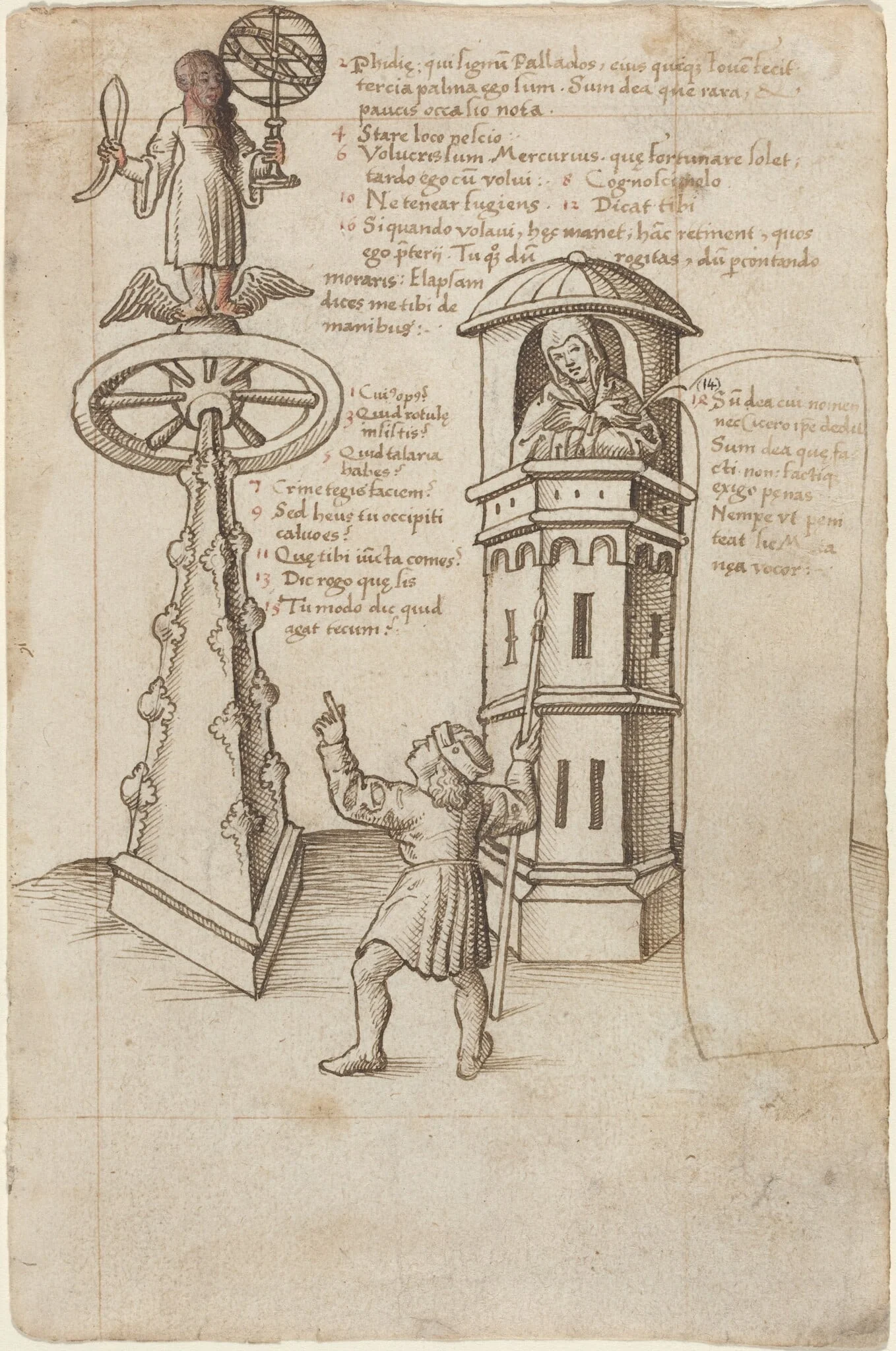 The Statue of Opportunity, a Passer-by, and Remorse [fol. 8r], by French early 16th Century, ink, 1514