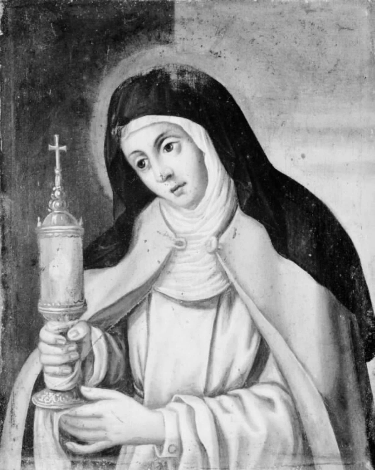En helgeninde, udklædt som nonne i hvid dragt med sort slør, holdende monstransen i den højre hånd, by Unknown, unspecified