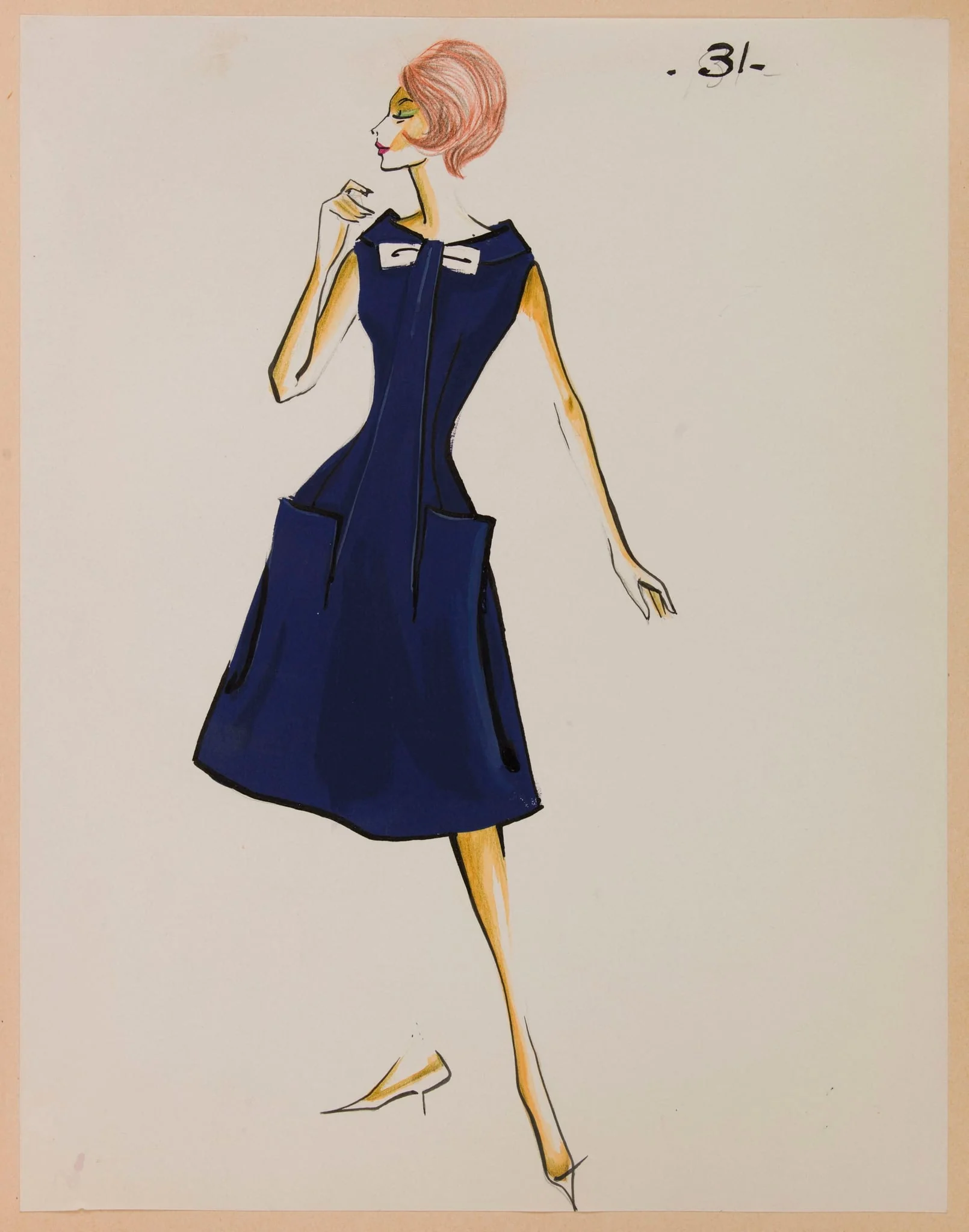 Robe bleu marine à deux grandes poches sur la jupe, by Marie-Louise Carven, 1959