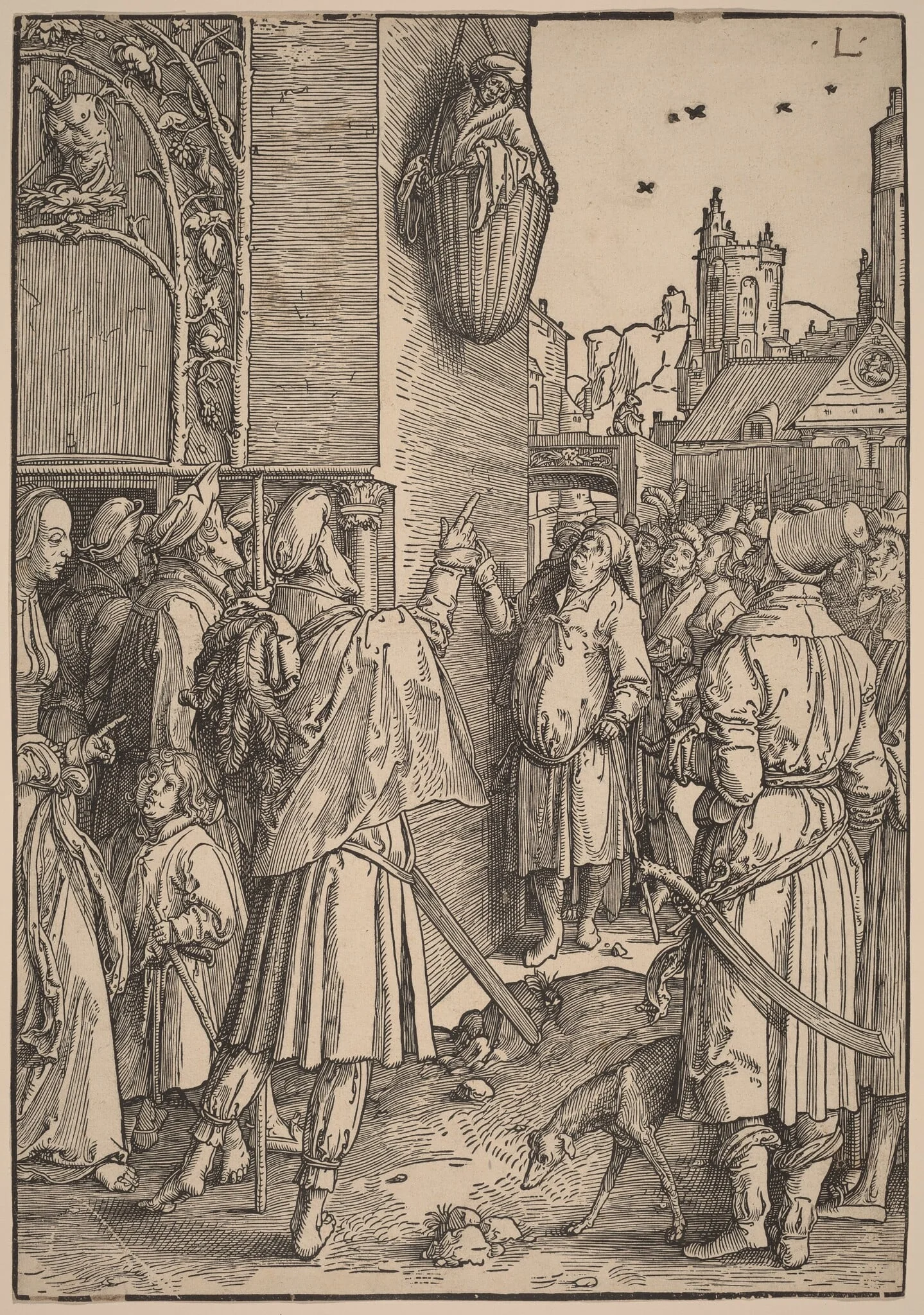 The Poet Virgil Suspended in a Basket, by Lucas van Leyden, ink, 1512