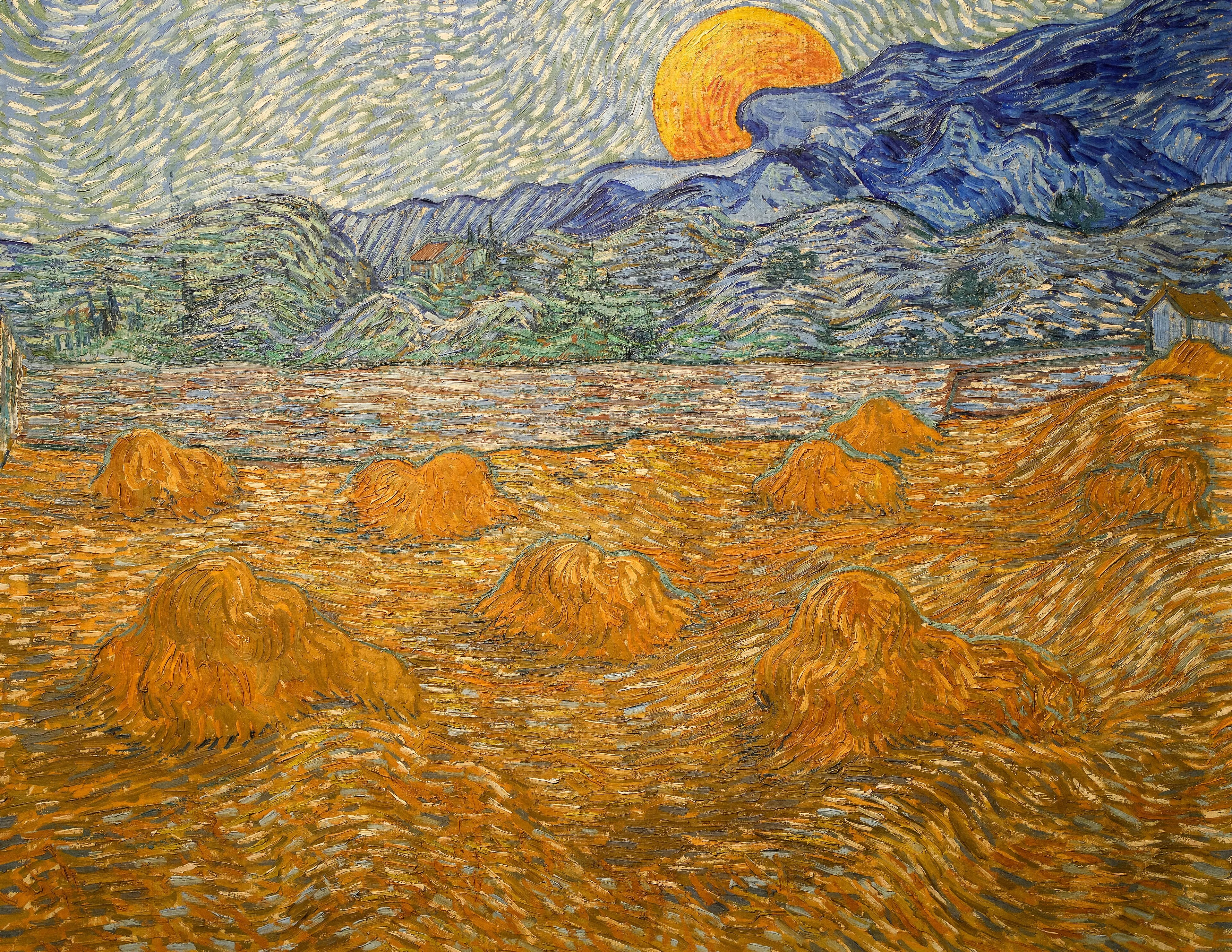 Landscape with wheat sheaves and rising moon