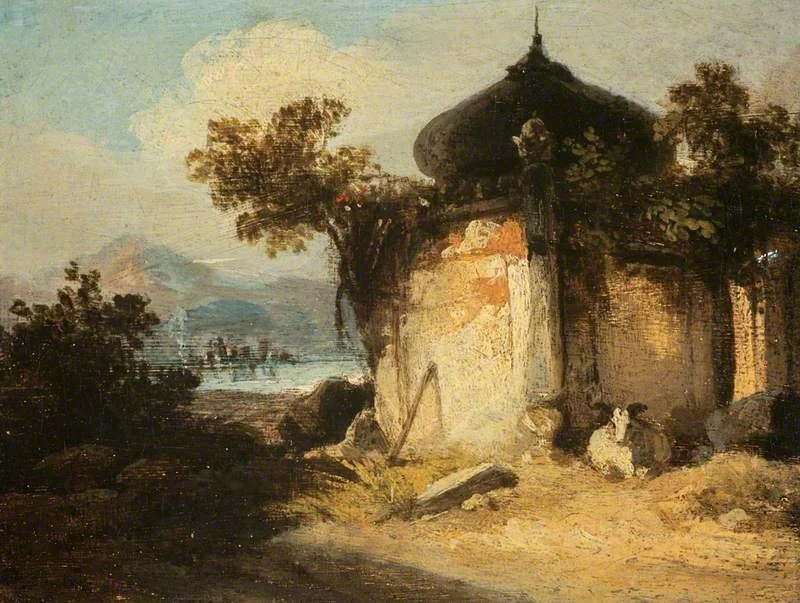 Bengal landscape with a Hindu Shrine or Tomb, by George Chinnery, oil, 1820