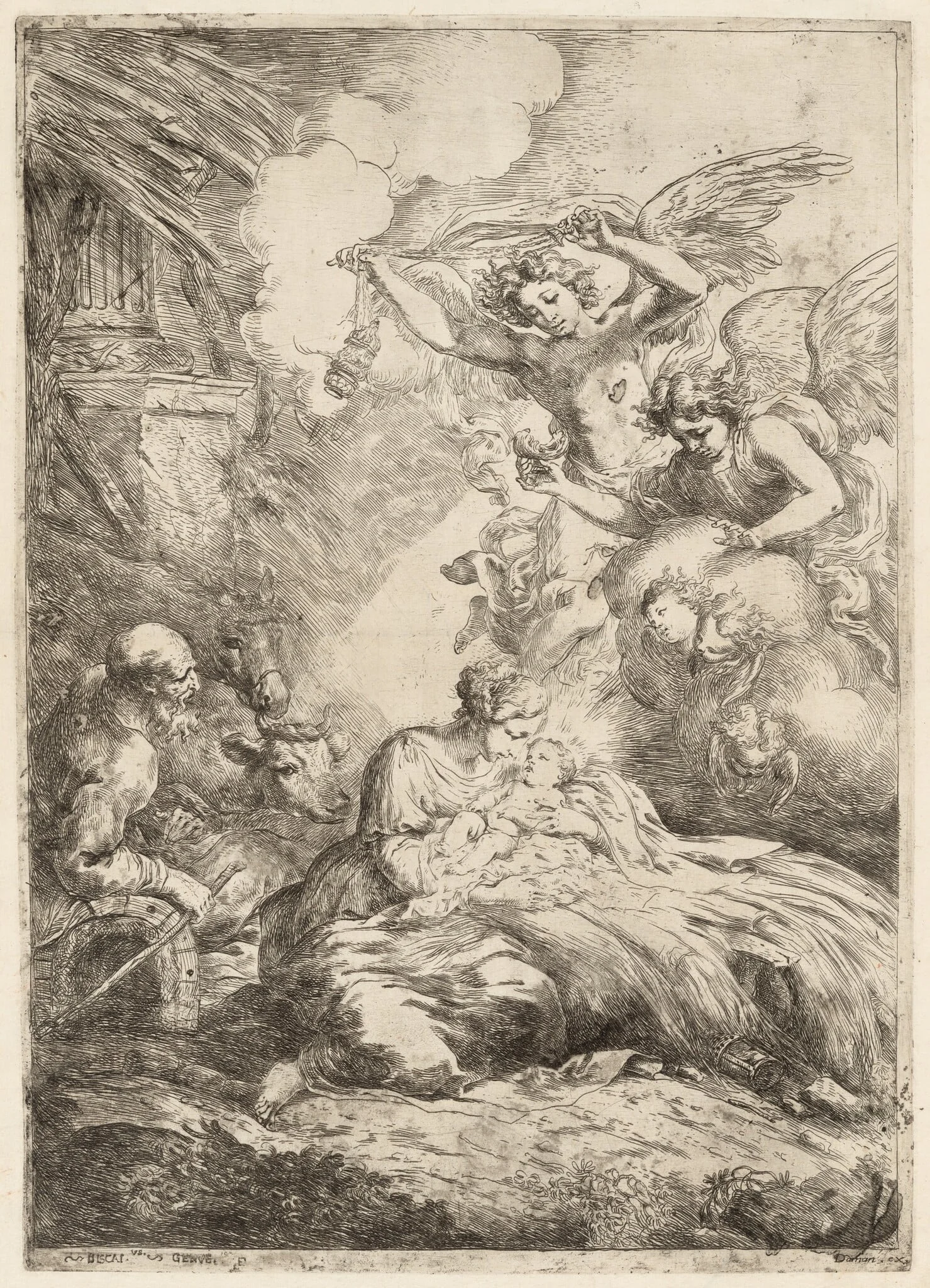 The Nativity, by Bartolomeo Biscaino, ink, 1655
