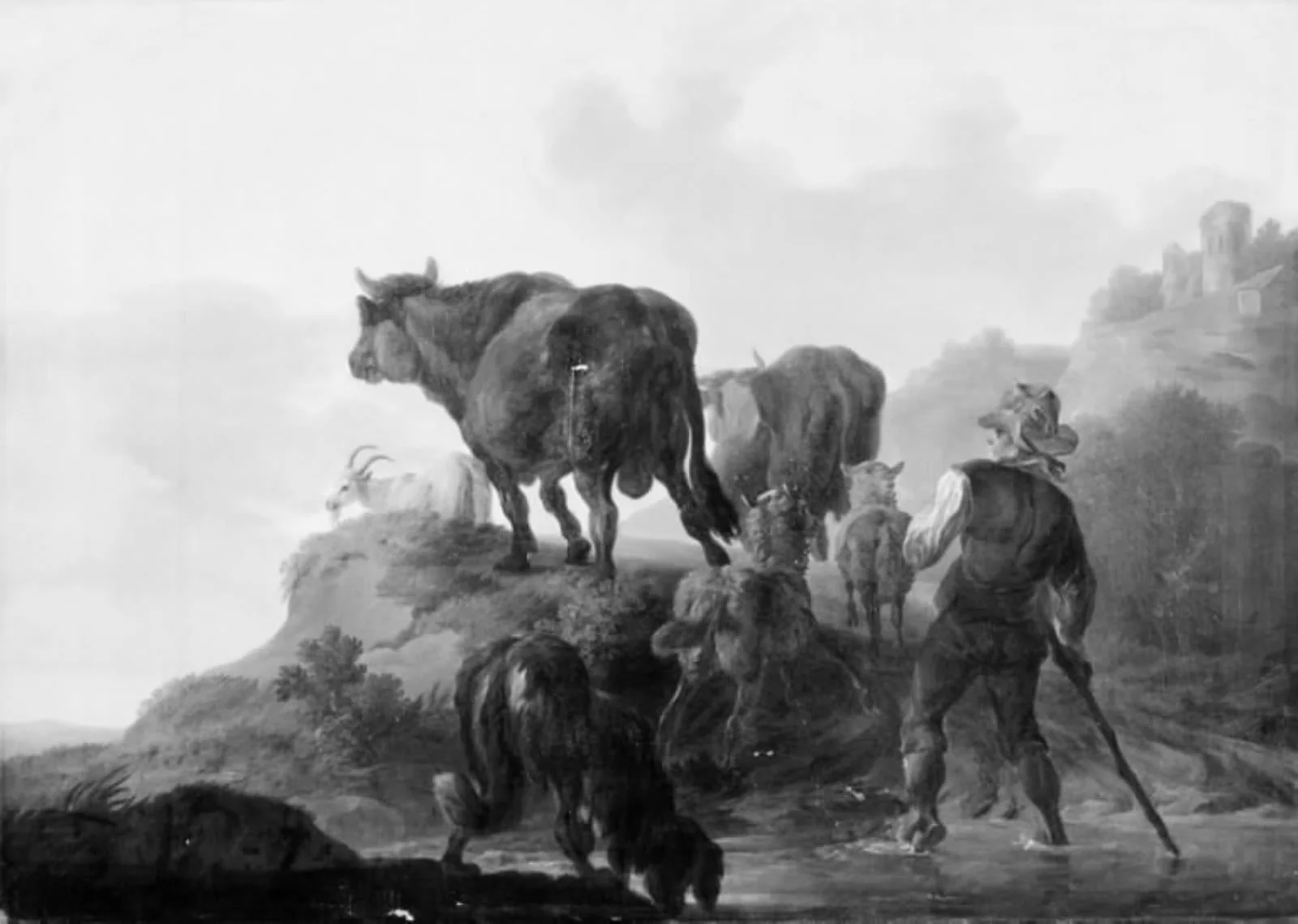 En hyrde driver okser, geder og får, by Unknown, 1750