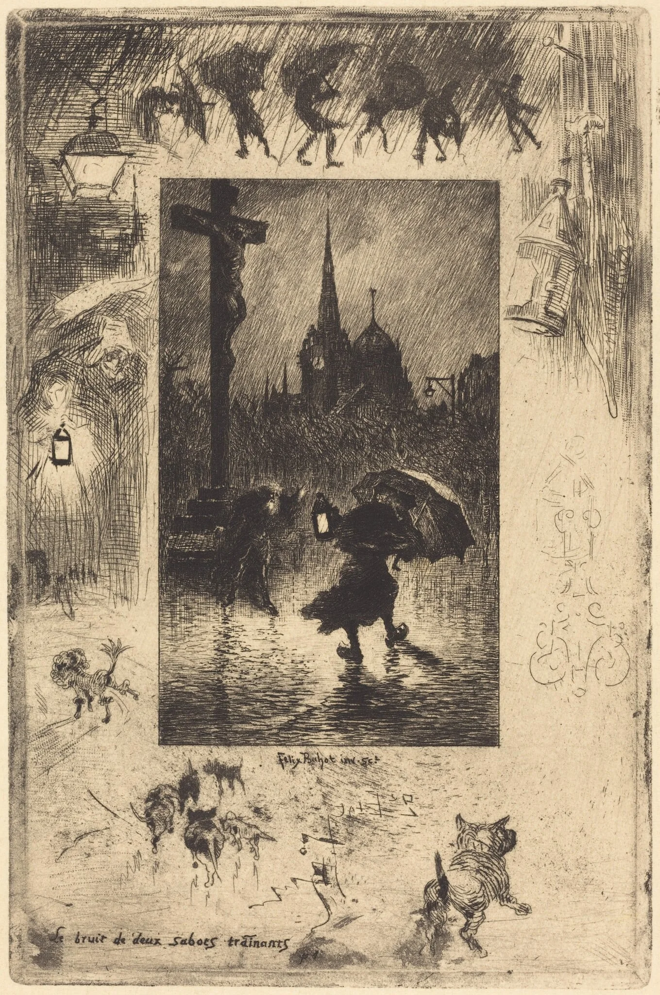 Le bruit de deux sabots traînant... (The sound of two clogs shuffling...), by Félix-Hilaire Buhot, ink, 1878