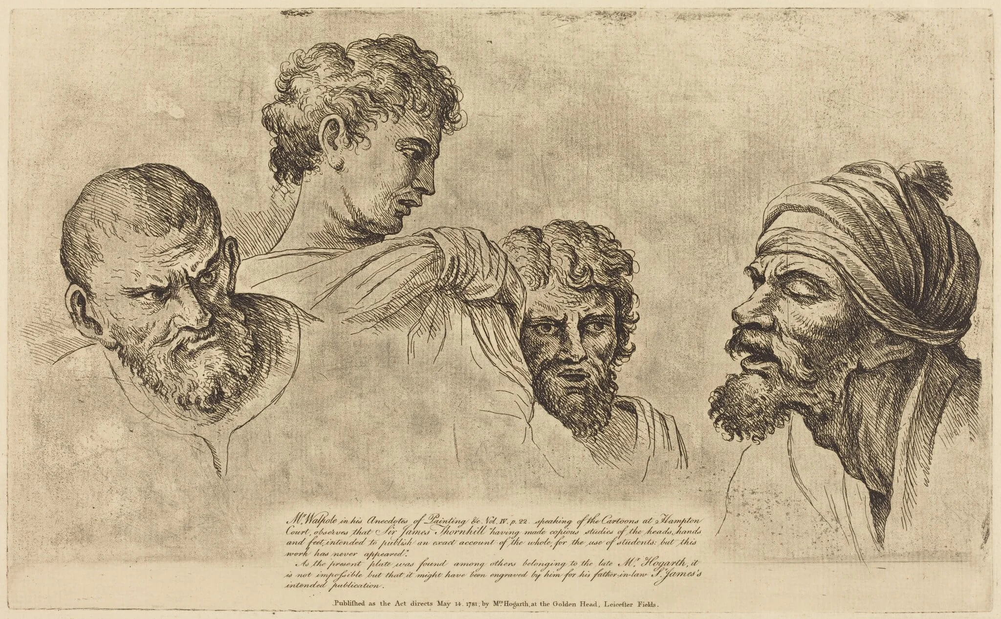 Four Heads from the Raphael Cartoons at Hampton Court, by William Hogarth, ink, 1729