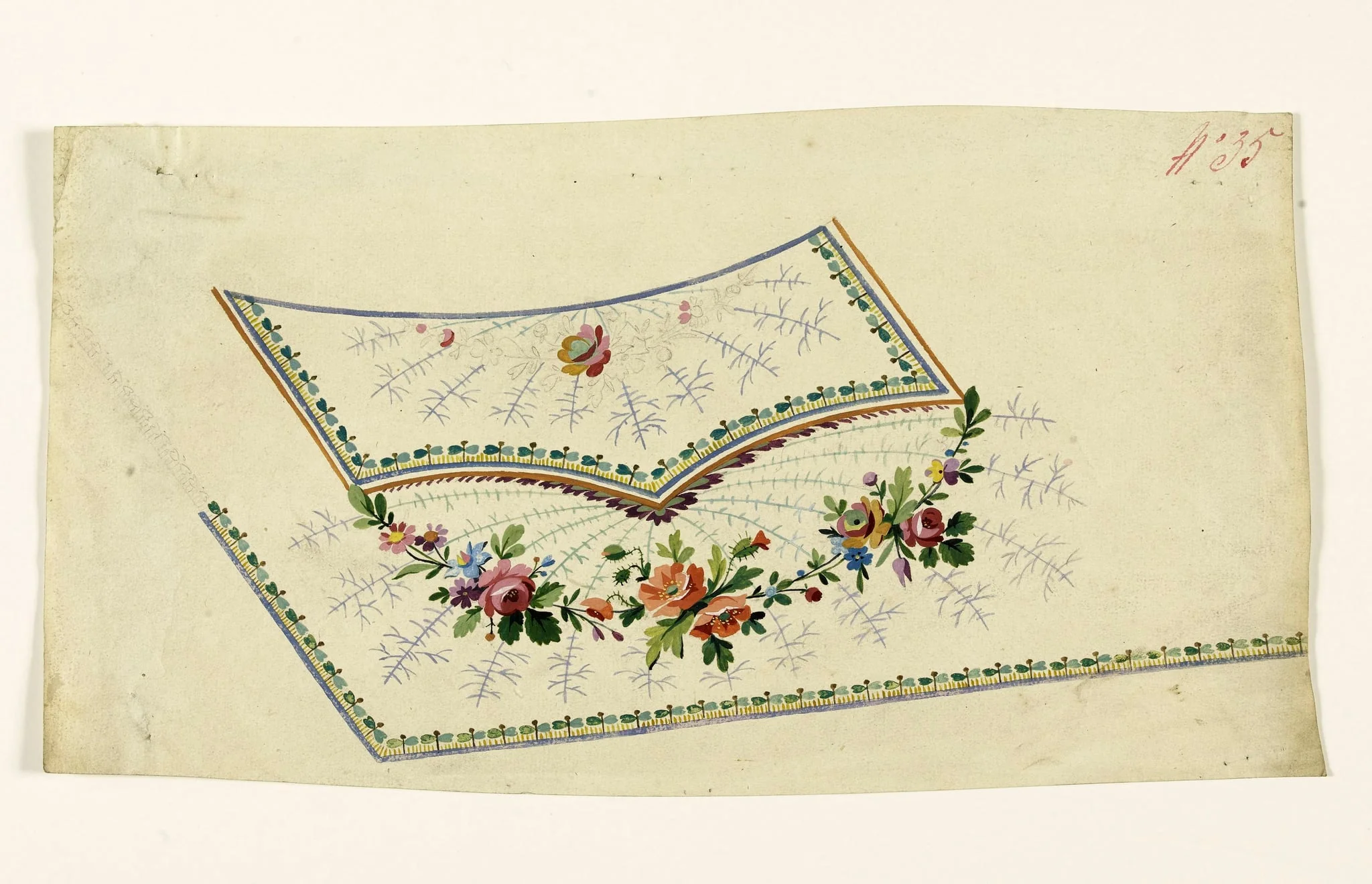 Composition avec guirlandes de fleurs multicolores, motifs rayonnants de branches et frises stylisées, projets de broderies de gilet, XVIIIème siècle