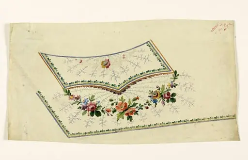 Composition avec guirlandes de fleurs multicolores, motifs rayonnants de branches et frises stylisées, projets de broderies de gilet, XVIIIème siècle