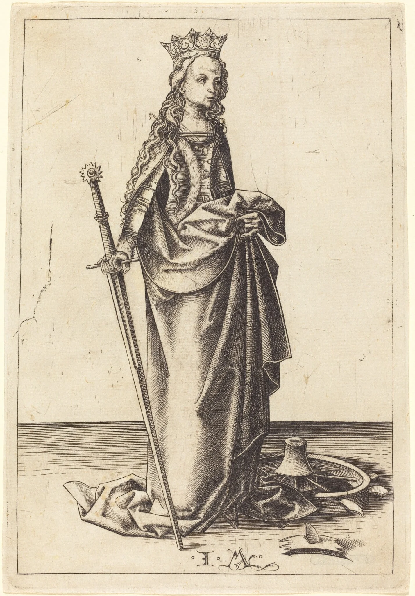 Saint Catherine, by Israhel van Meckenem, ink, 1485