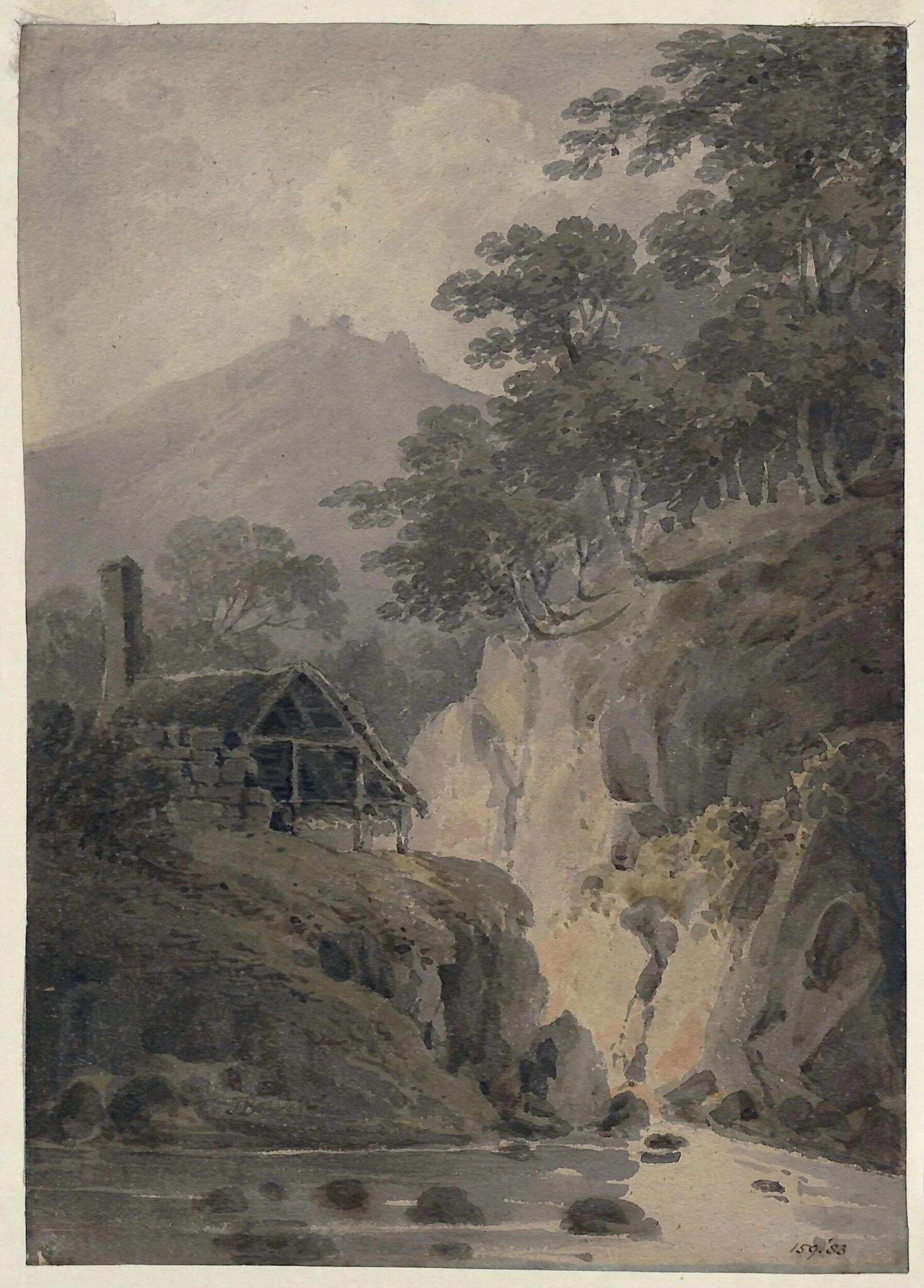 Rocky landscape in Cornwall, by Bourne, watercolor, 1800