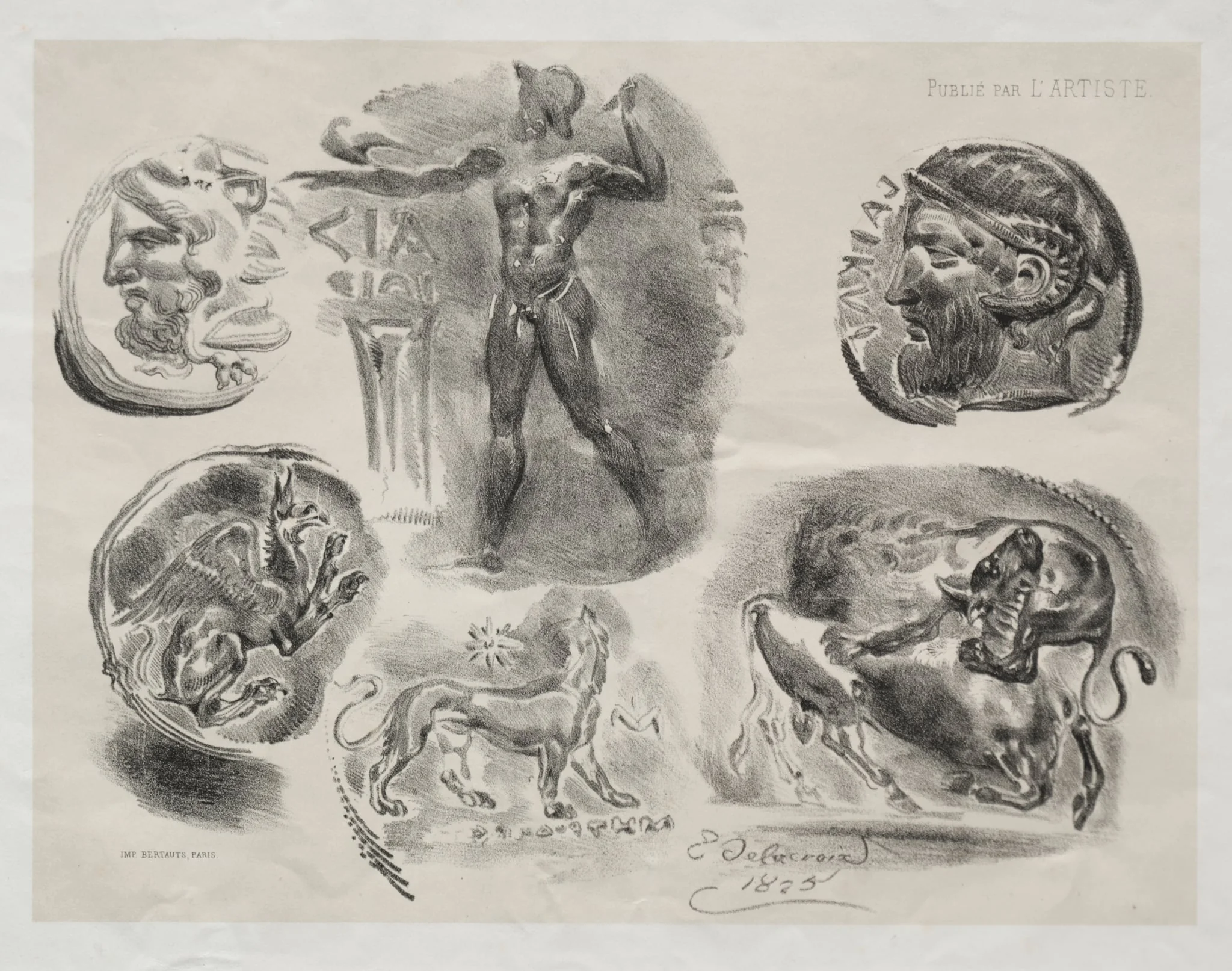 Sheet with Six Antique Medals, by Eugène Delacroix, 1825