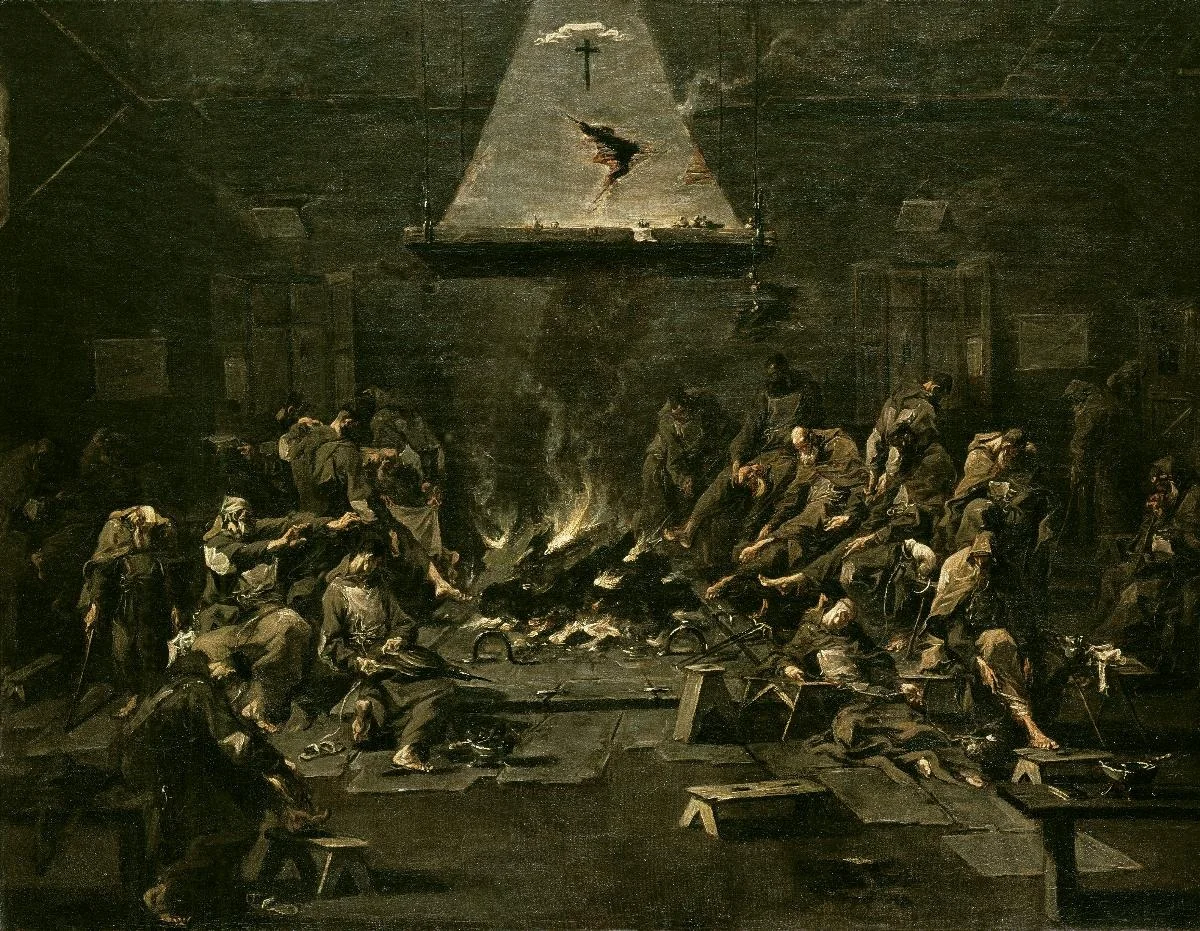 Mönche am Feuer, by Alessandro Magnasco, oil, 1725