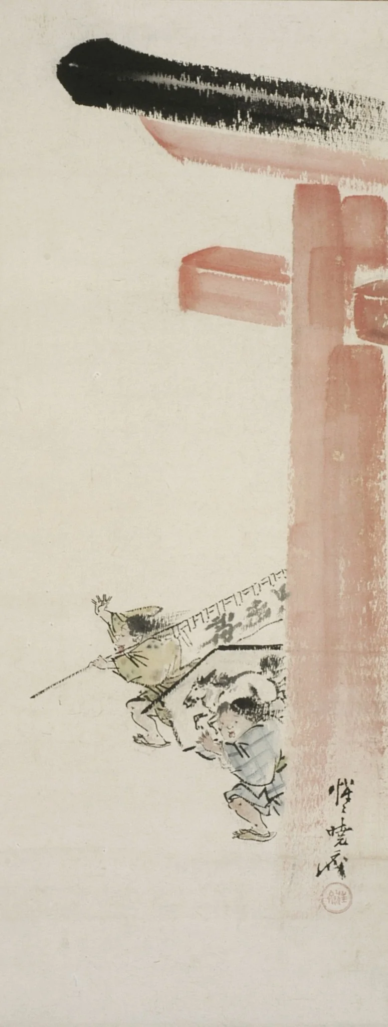 Children at Torii Gate Stealing Banner and Plaque, by Unknown, unspecified, 1850