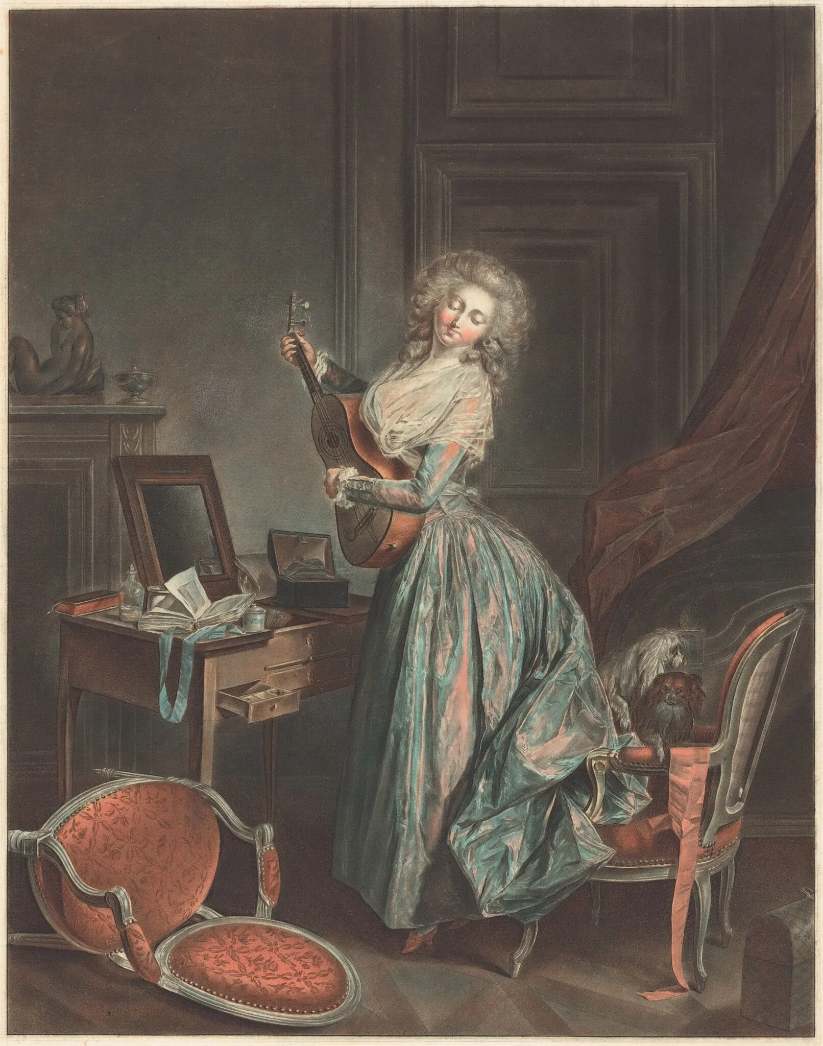 A Woman Playing the Guitar, by Jean-François Janinet, ink, 1788