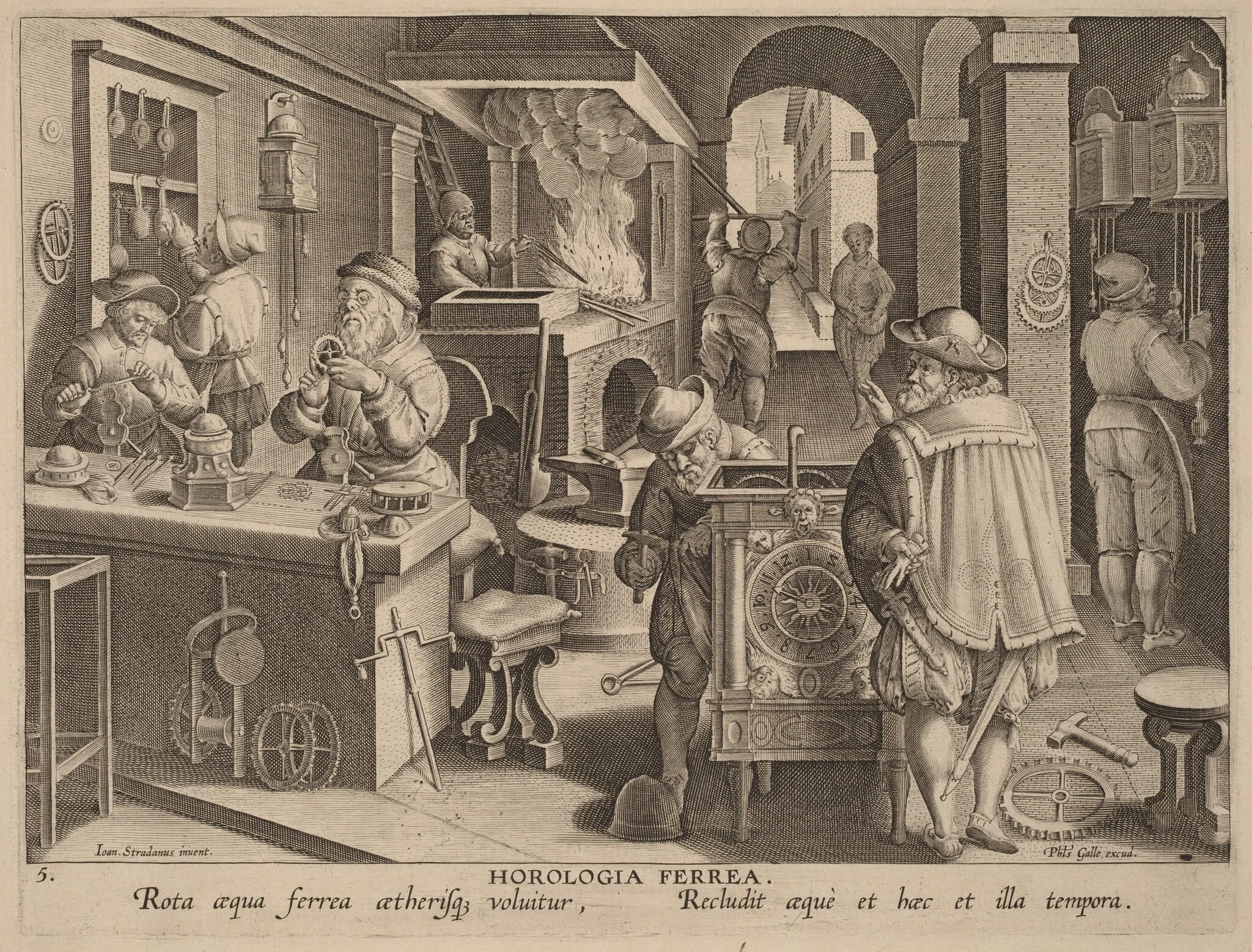 Horologia Ferrea (Iron Clocks), by Philip Galle, ink, 1592
