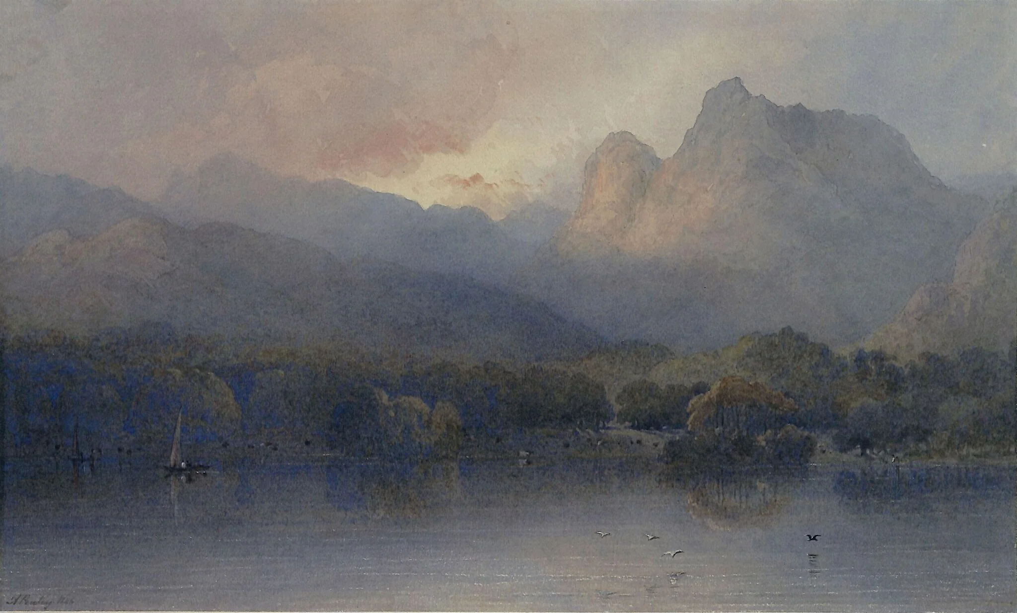 Approaching evening, the Langdale pikes from Windermere, by Aaron Edwin Penley, watercolor, 1846