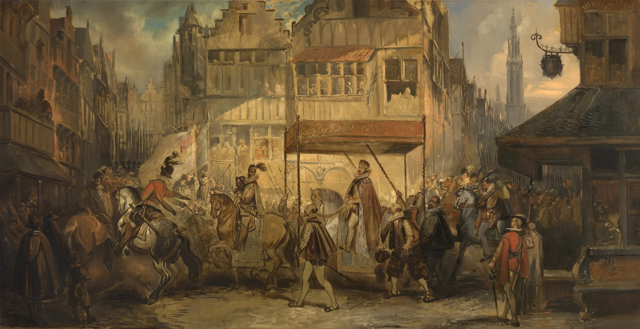 The Joyous Entry of the Duke of Anjou into Antwerp, by Jan August Hendrik Leys, oil, 1840