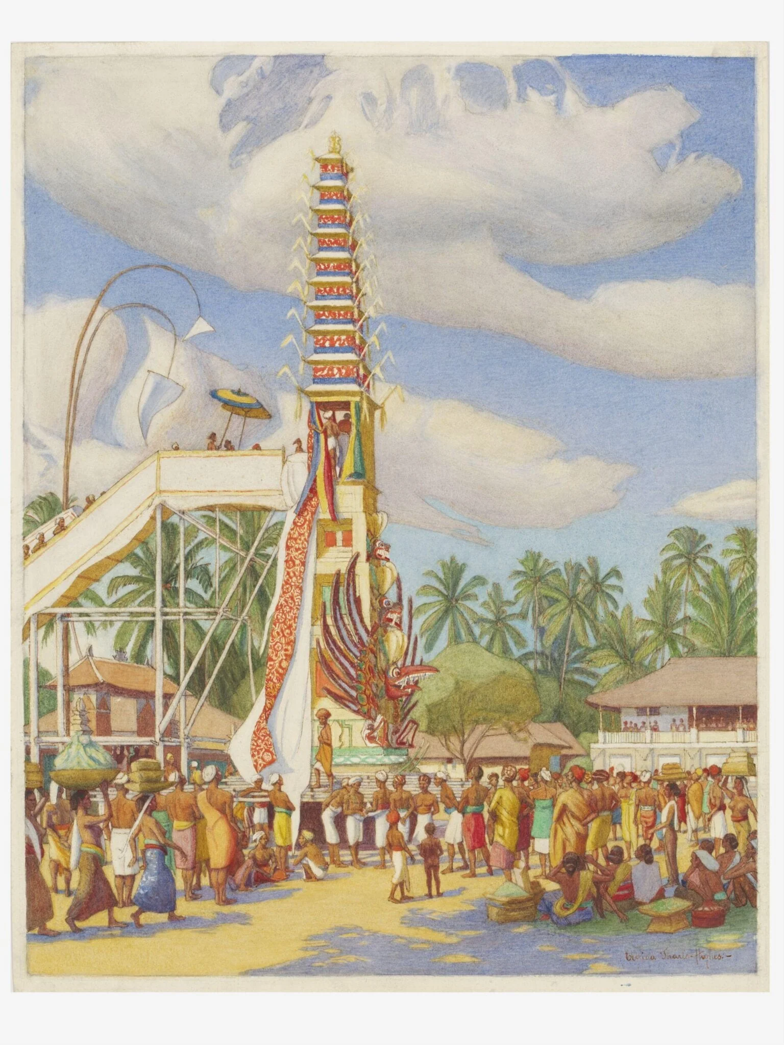 Bringing the bodies of the prince and princess to the funeral tower, by Elfrida Tharle-Hughes, paint, 1923