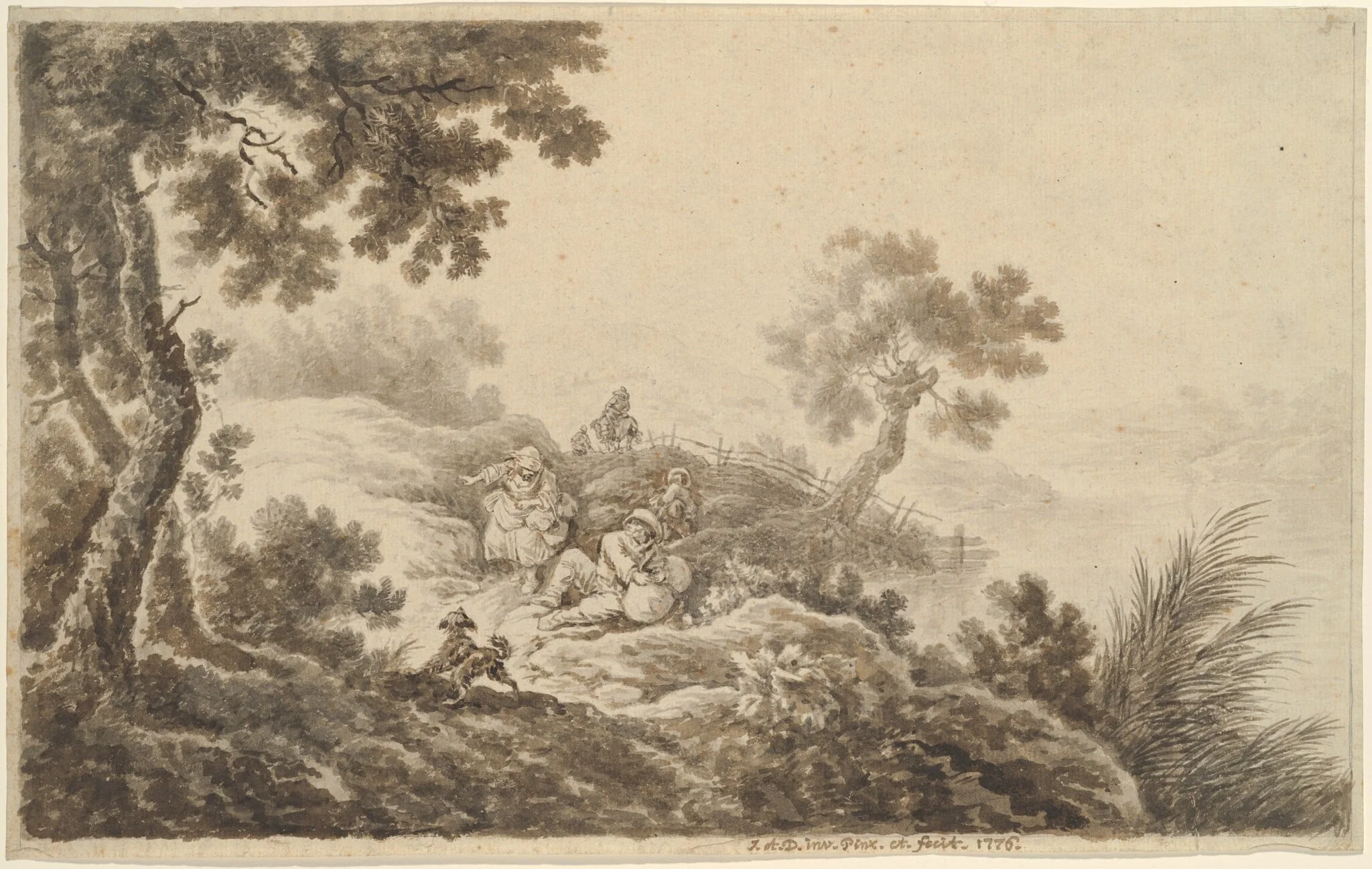 Landscape with Travelers, by Johann Albrecht Dietzsch, ink, 1776