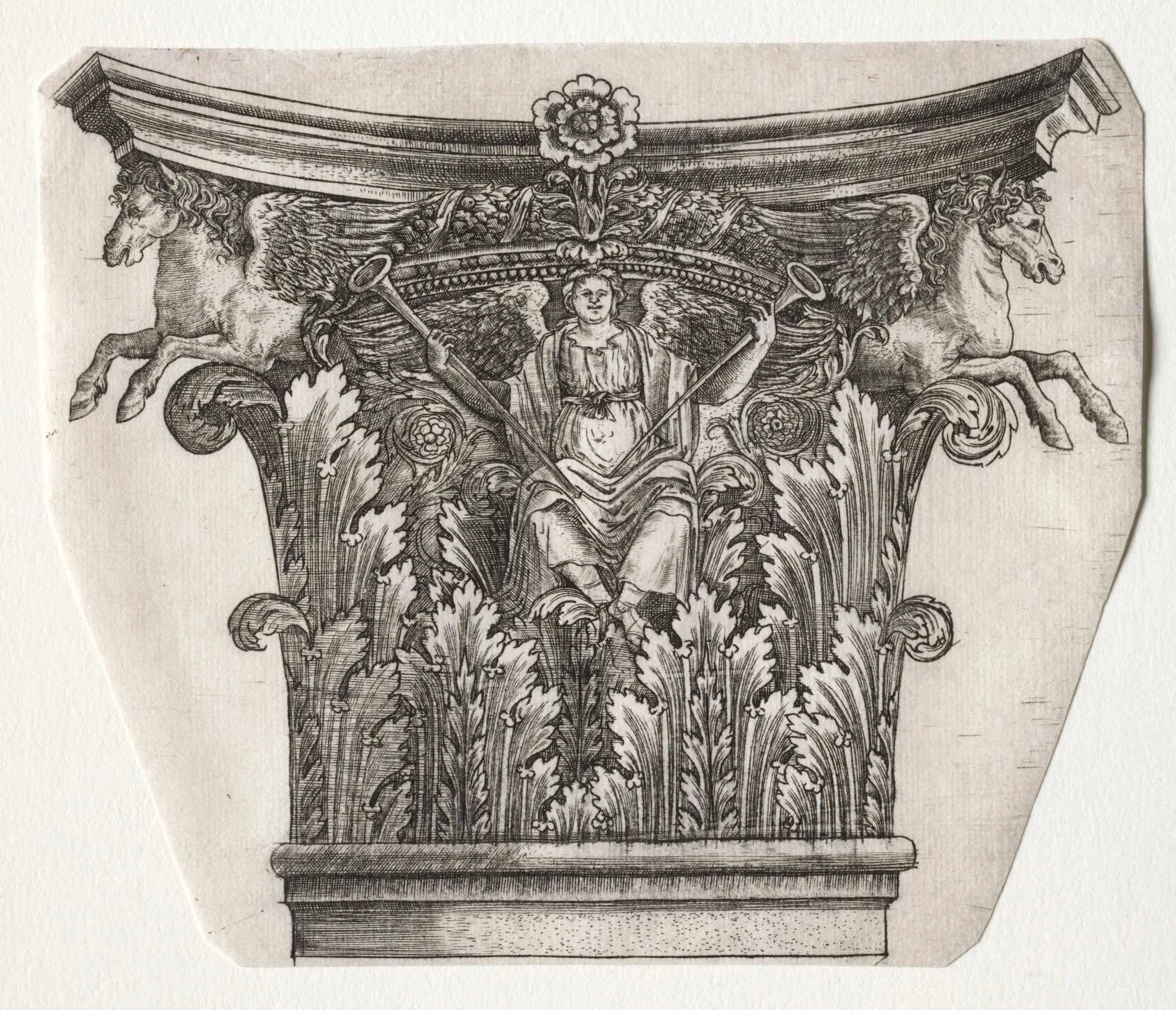 Base and Capital with Figure of Fame and Winged Horses (capital), by Master G. A. with the man-trap, 1538