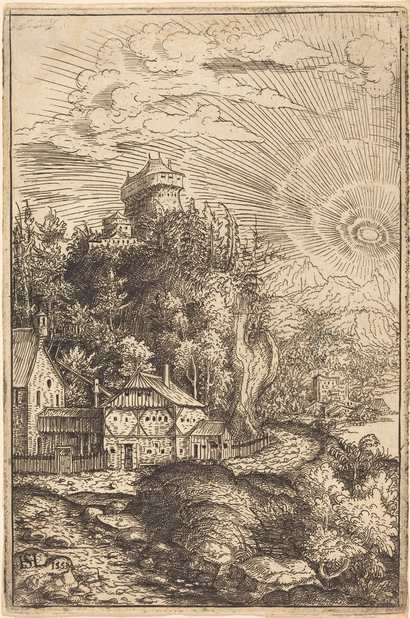 Landscape with a Castle and Radiating Sun, by Hanns Lautensack, ink, 1553