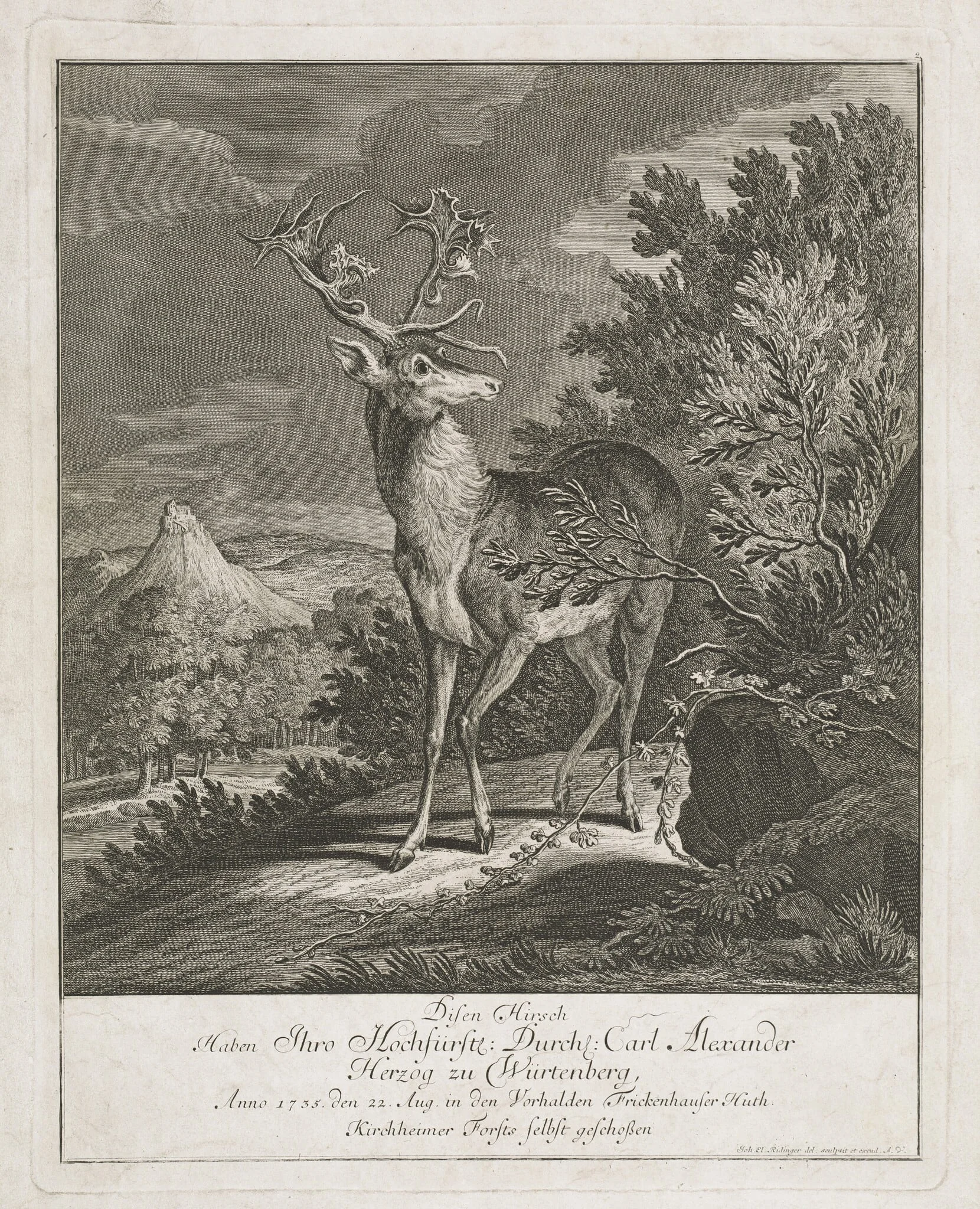 A Magnificent Stag in a Landscape, by Johann Elias Ridinger, ink, 1735