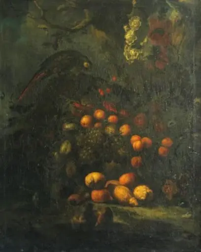 Fructe și papagal verde