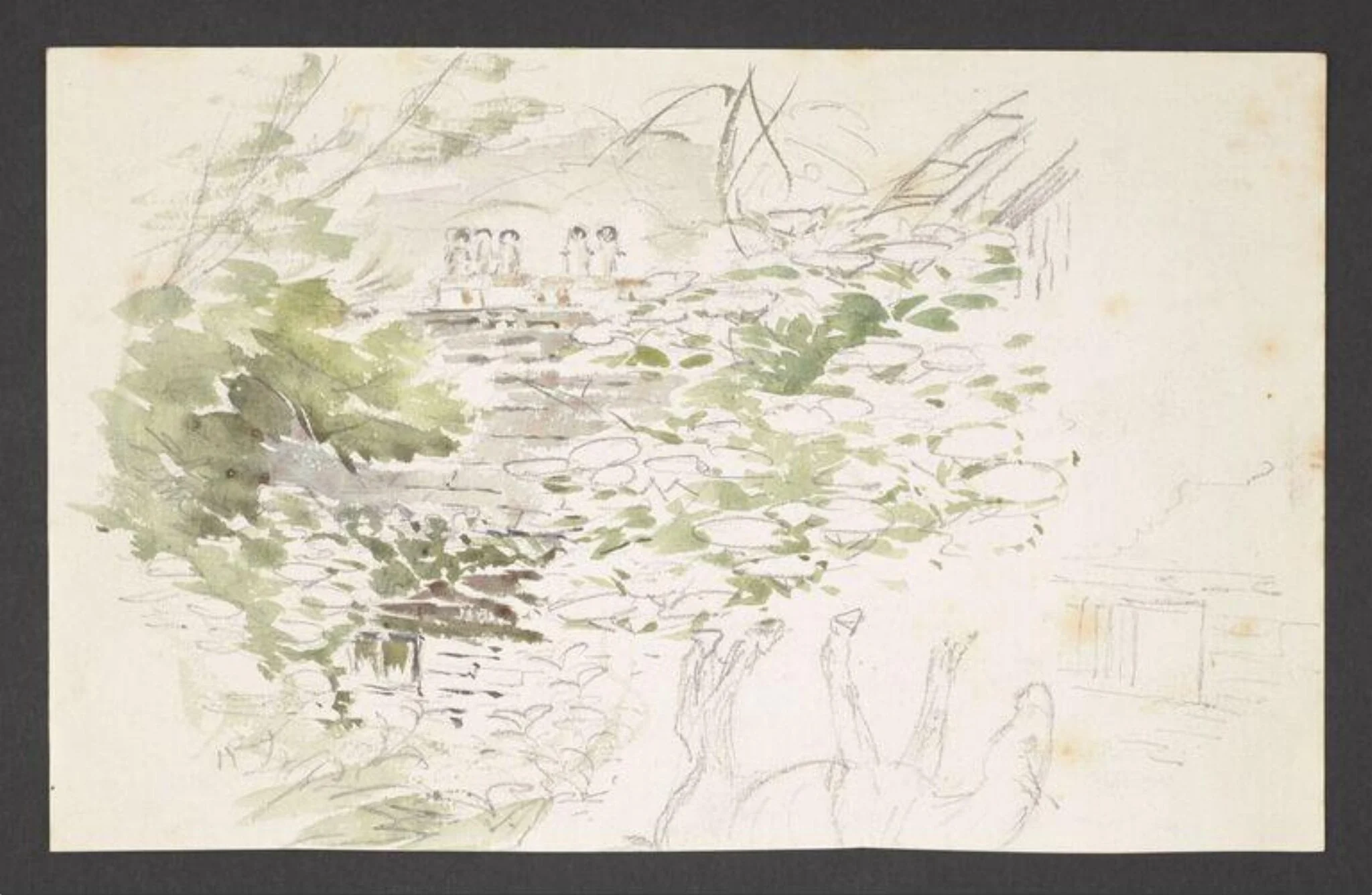 Study of a view through trees to the roof of a house and a rough sketch of a horse, by Beatrix Potter, watercolor, 1902