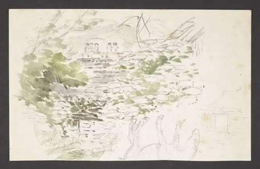 Study of a view through trees to the roof of a house and a rough sketch of a horse