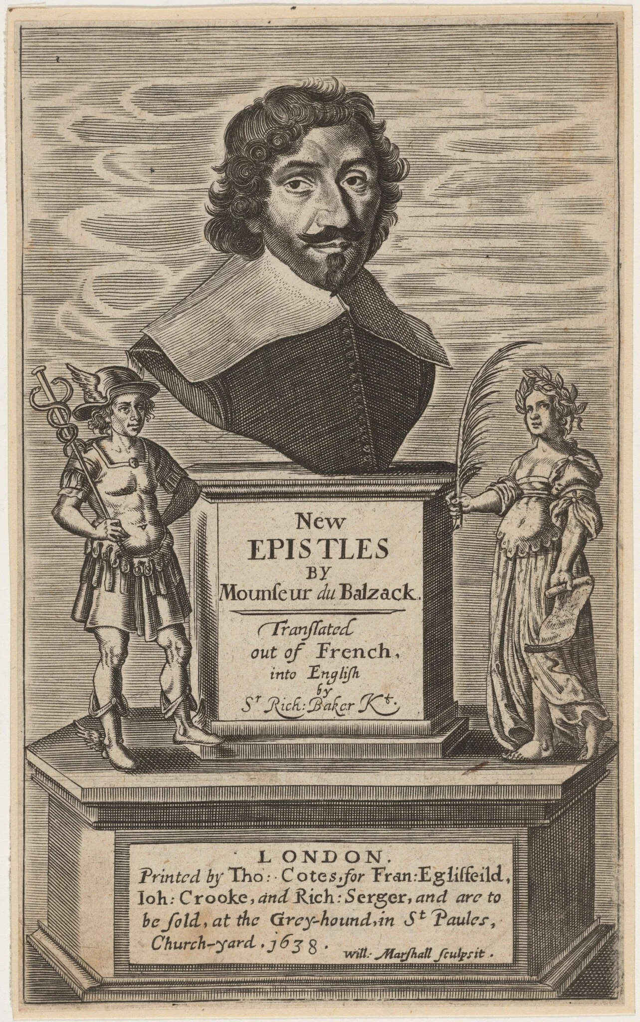 Title page to J.L. Guez, Sieur du Balzack, New Epistles, by William Marshall, ink, 1638
