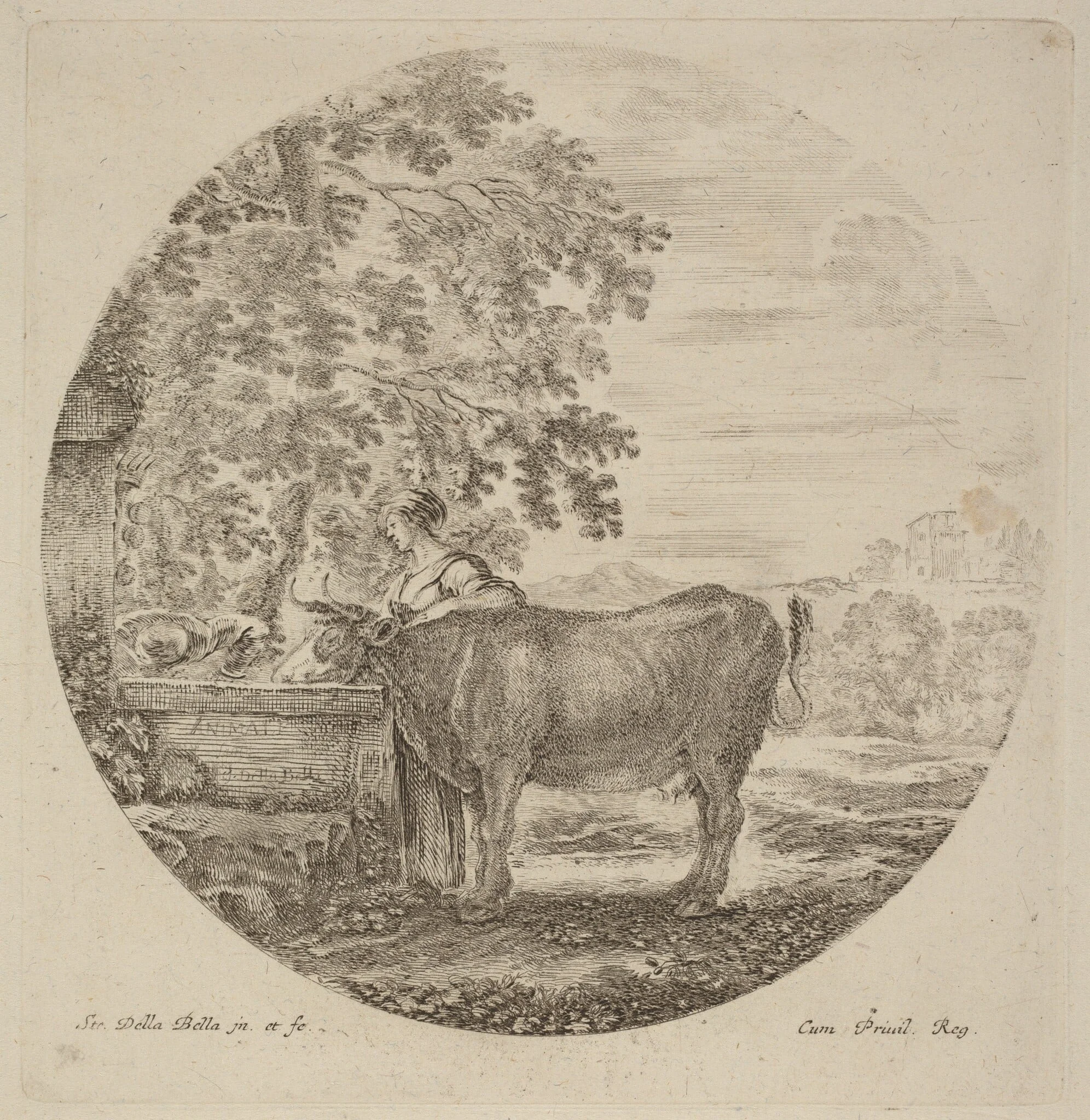 Cow and Young Shepherd at a Fountain, by Stefano Della Bella, ink, 1637