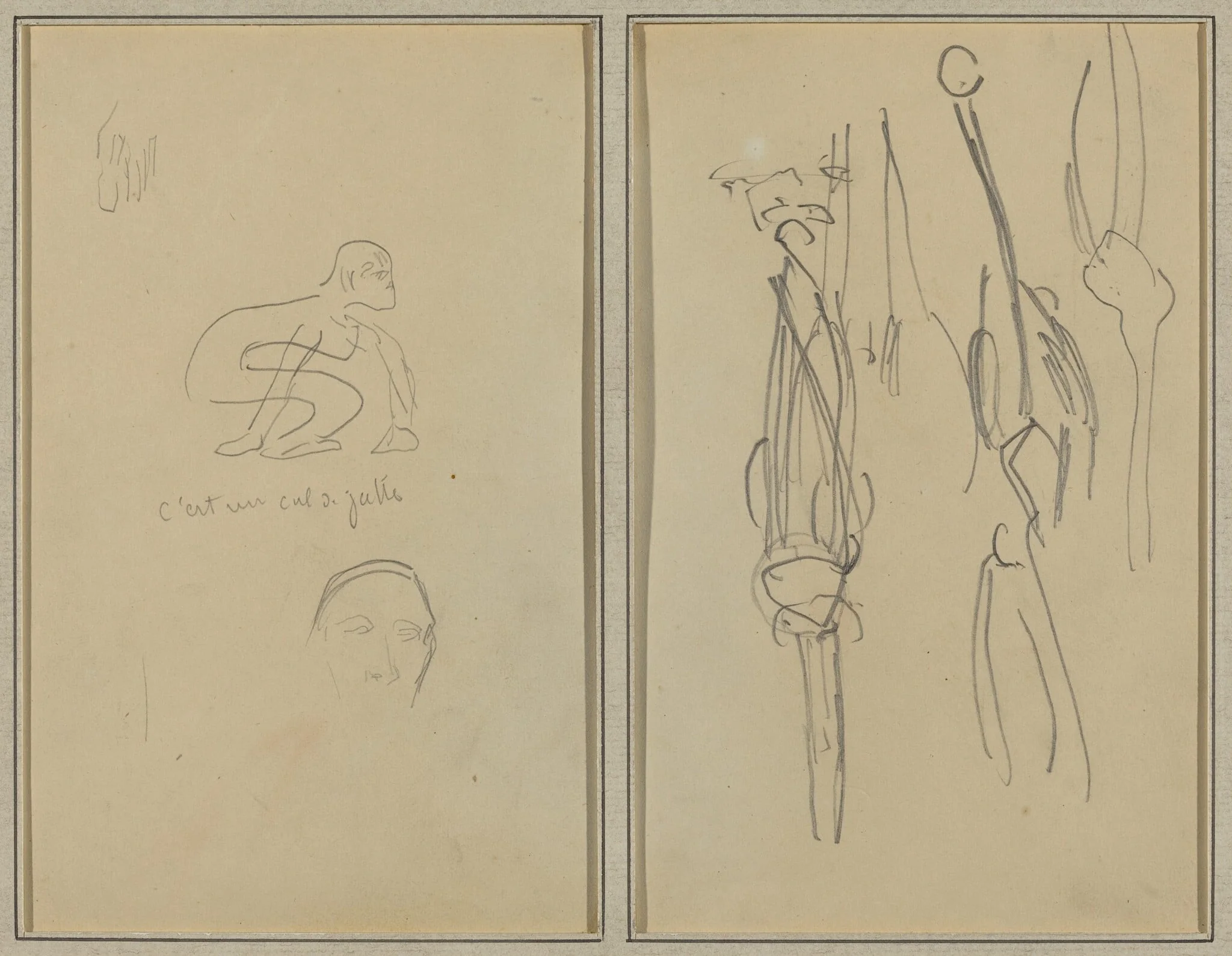 Crouching Monkey and Man's Head; Bones and Muscles [verso], by Paul Gauguin, graphite, 1886