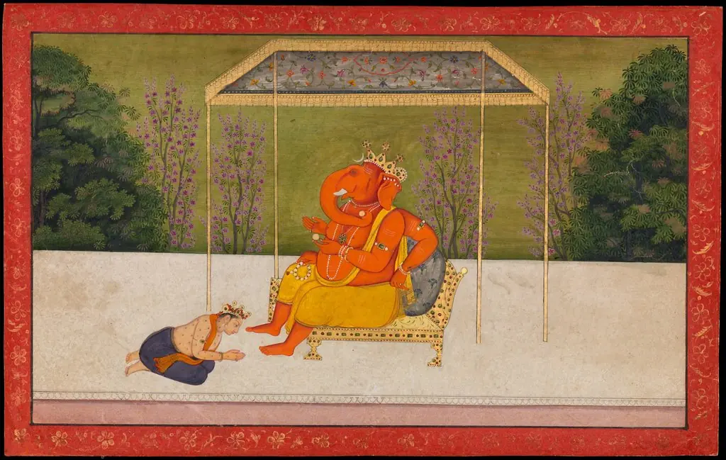 "Indra Worships the Elephant-Headed God Ganesha, Seated on a Throne." Folio from the Tehri Garhwal Series of the Gita Govinda