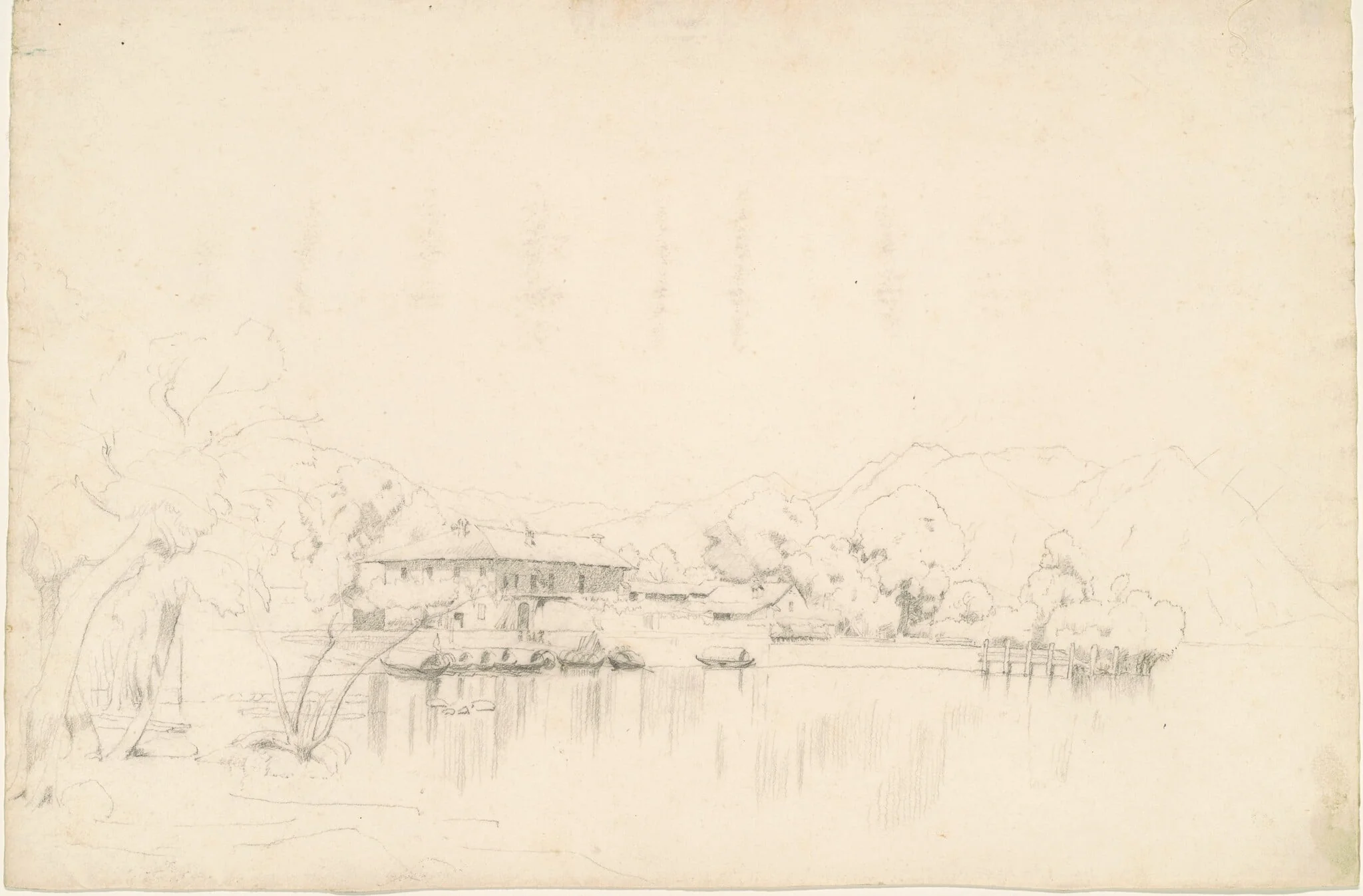 Lake Houses, by Worthington Whittredge, charcoal, 1801