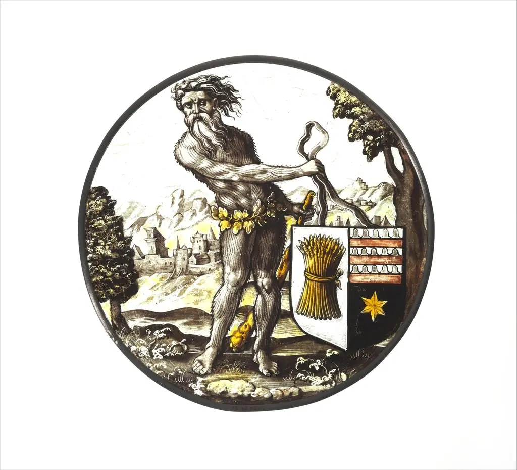 Roundel with Wild Man Supporting a Heraldic Shield