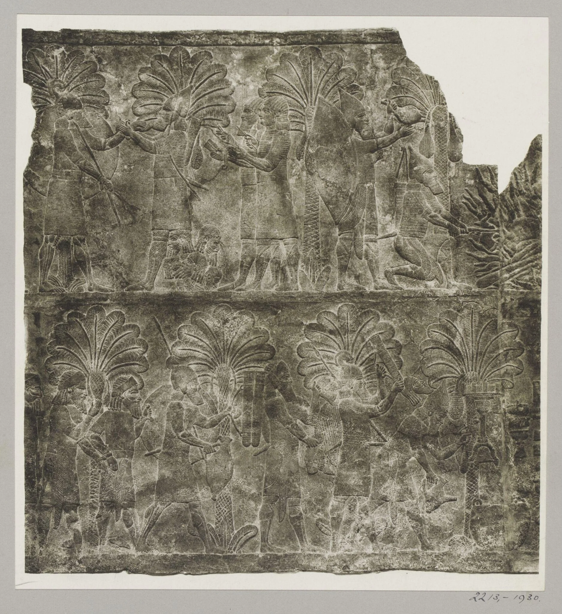 Assyrian reliefs depicting Ashurbanipal and warriors in their camp at Nineveh (Kuyuryick). London, British Museum