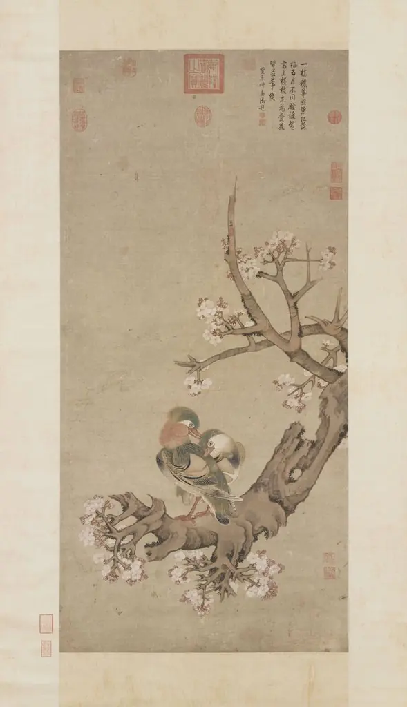 Pair of Ducks on a Flowering Apricot Tree