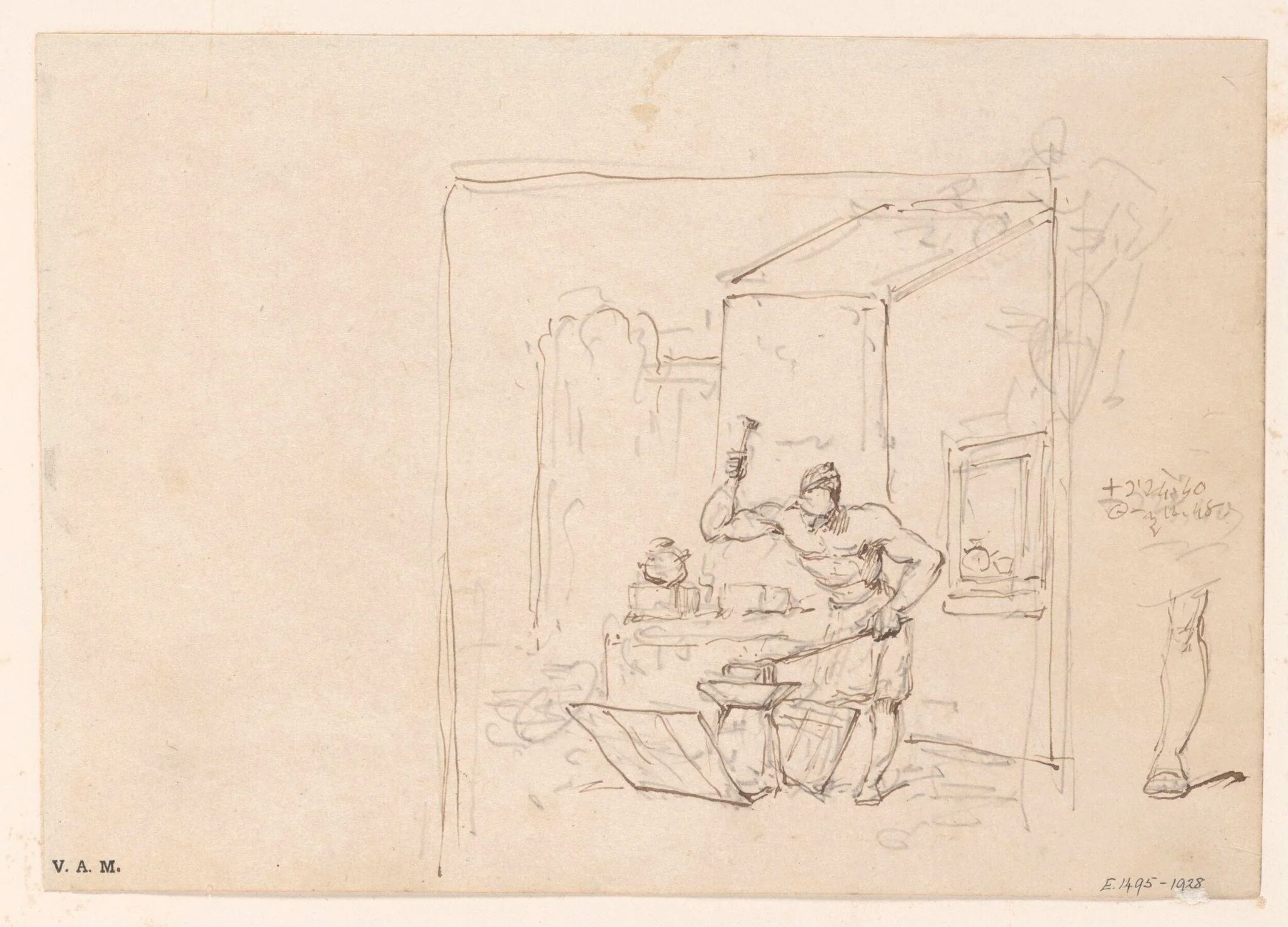 A Chinese blacksmith hammering at his anvil