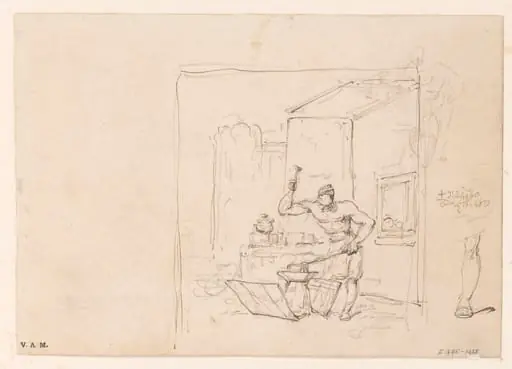 A Chinese blacksmith hammering at his anvil