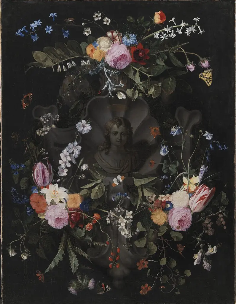 Cartouche with the bust of Jesus surrounded by festoons