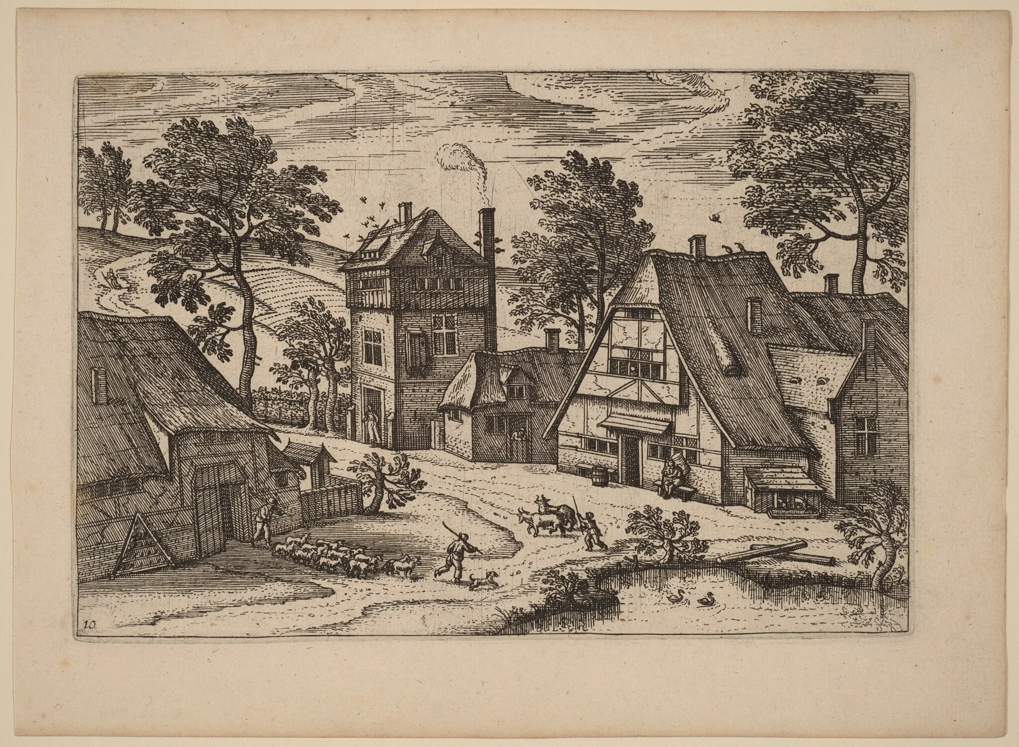 Village with Pond, by Netherlandish 16th Century, ink, 1676